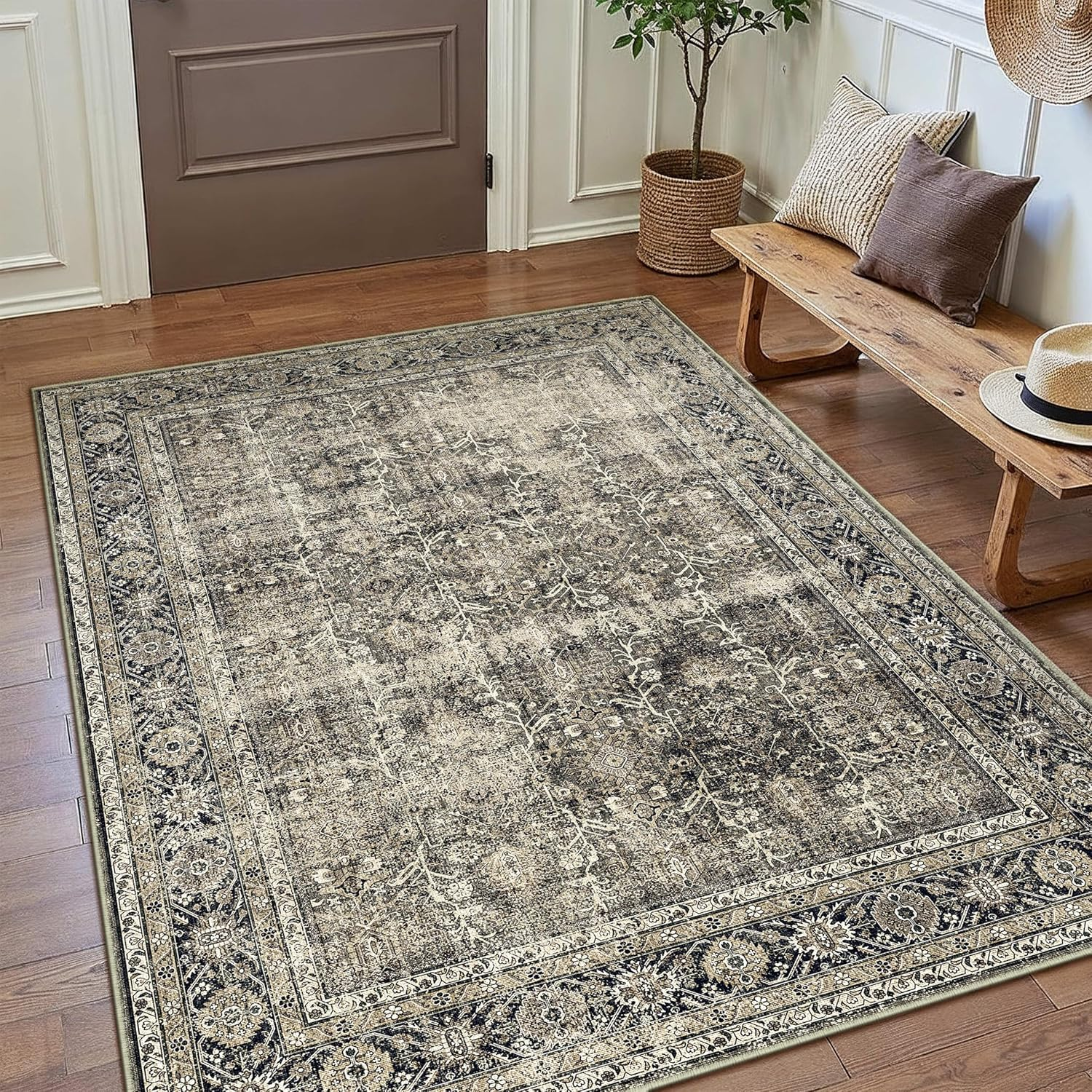 Purecozy Vintage Rugs for Living Room 160X230Cm Brown Office Washable Carpet Non Slip Bedroom Indoor Area Rug Low Pile Home Decor Retro Accent Rug for Dining Room Bathroom Kitchen