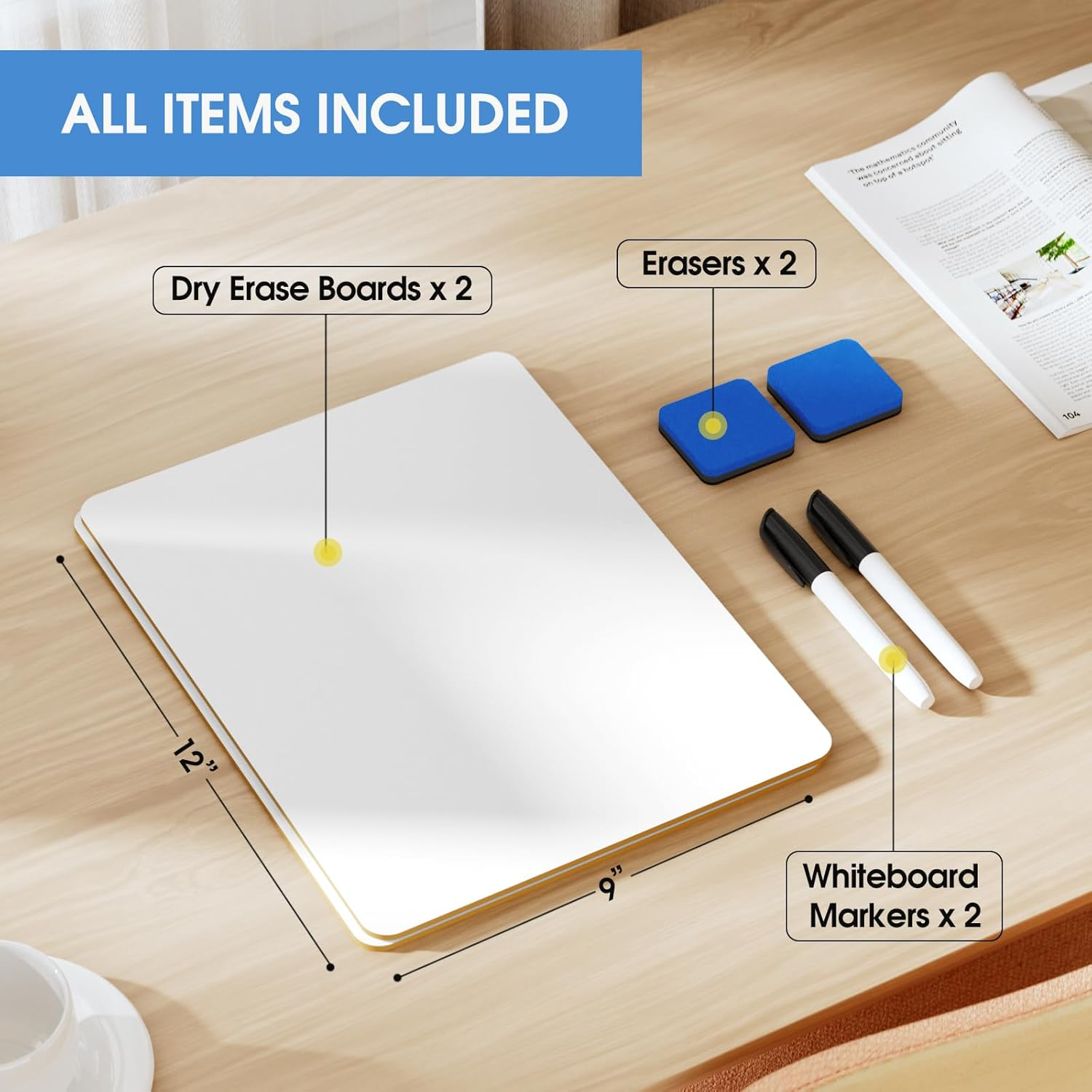 Maxgear Small White Board 2 Pack Dry Erase Boards, 9" X 12" Mini White Board Double Sided Portable White Boards for Students Teachers School Supplies Lapboards Including 2 Markers and 2 Erasers