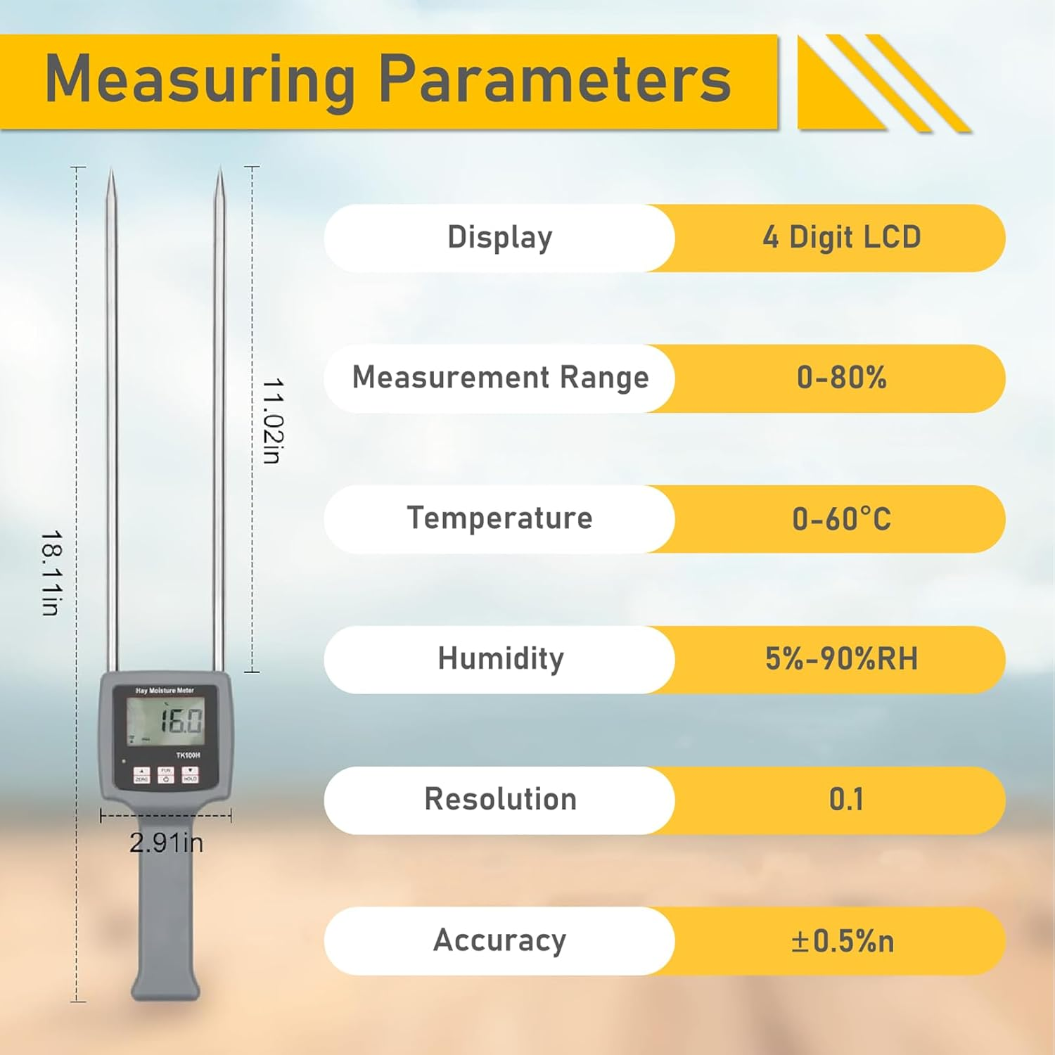TK100H Portable Hay Moisture Meter, 0-80% Digital LCD Grain Meter, Hay Bale Moisture Tester, Hay Meter Probe Humidity Tester for Cereal, Straw, Bran Froage Grass, Leymus Chinensis, Alfalfa