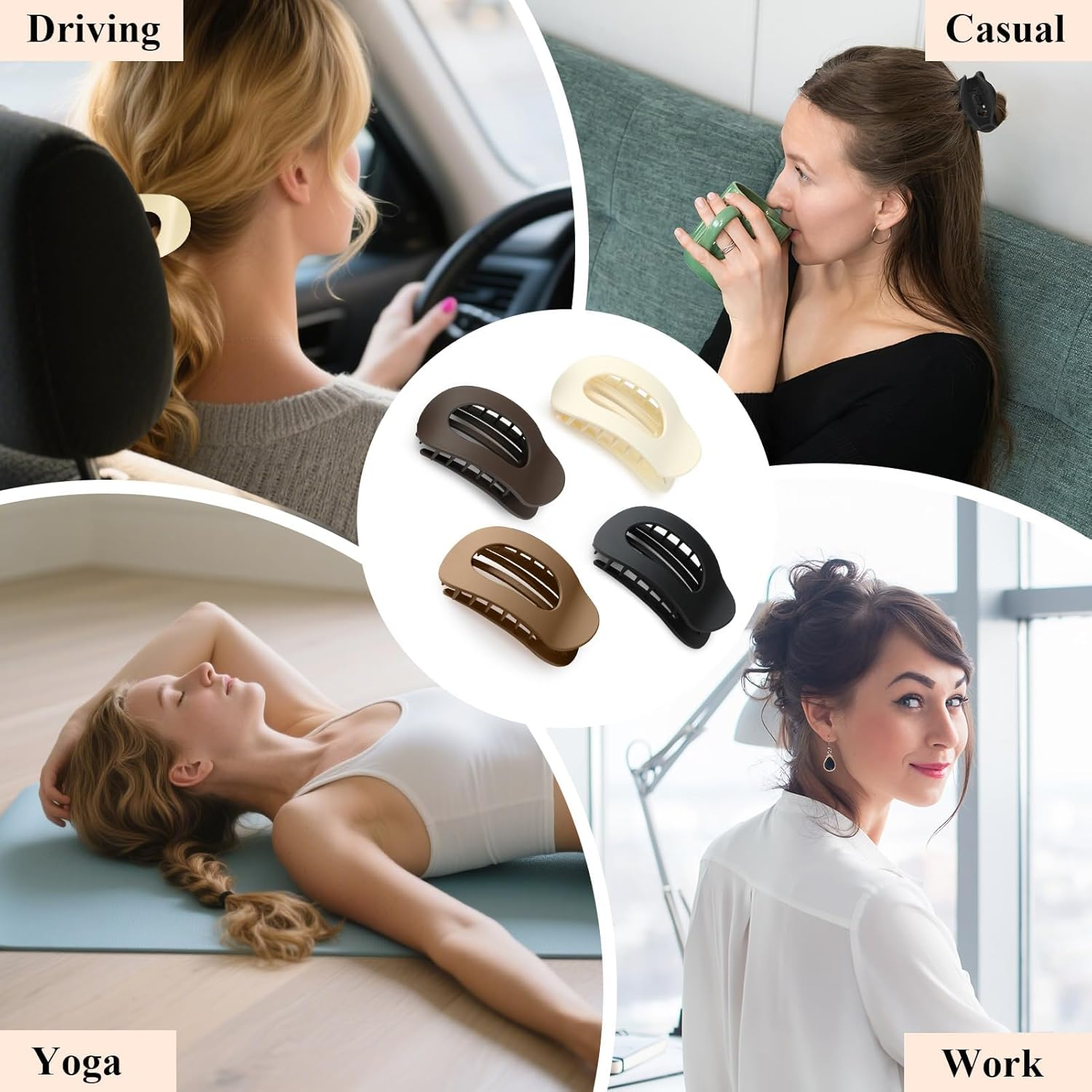 4 Pieces Flat Hair Claws for Women, Strong Hold Women Hair Clips Ladies, Matte Large Hair Clip for Thin and Thick Hair, Curved Design for Lying and Driving (Neutral) image number 3