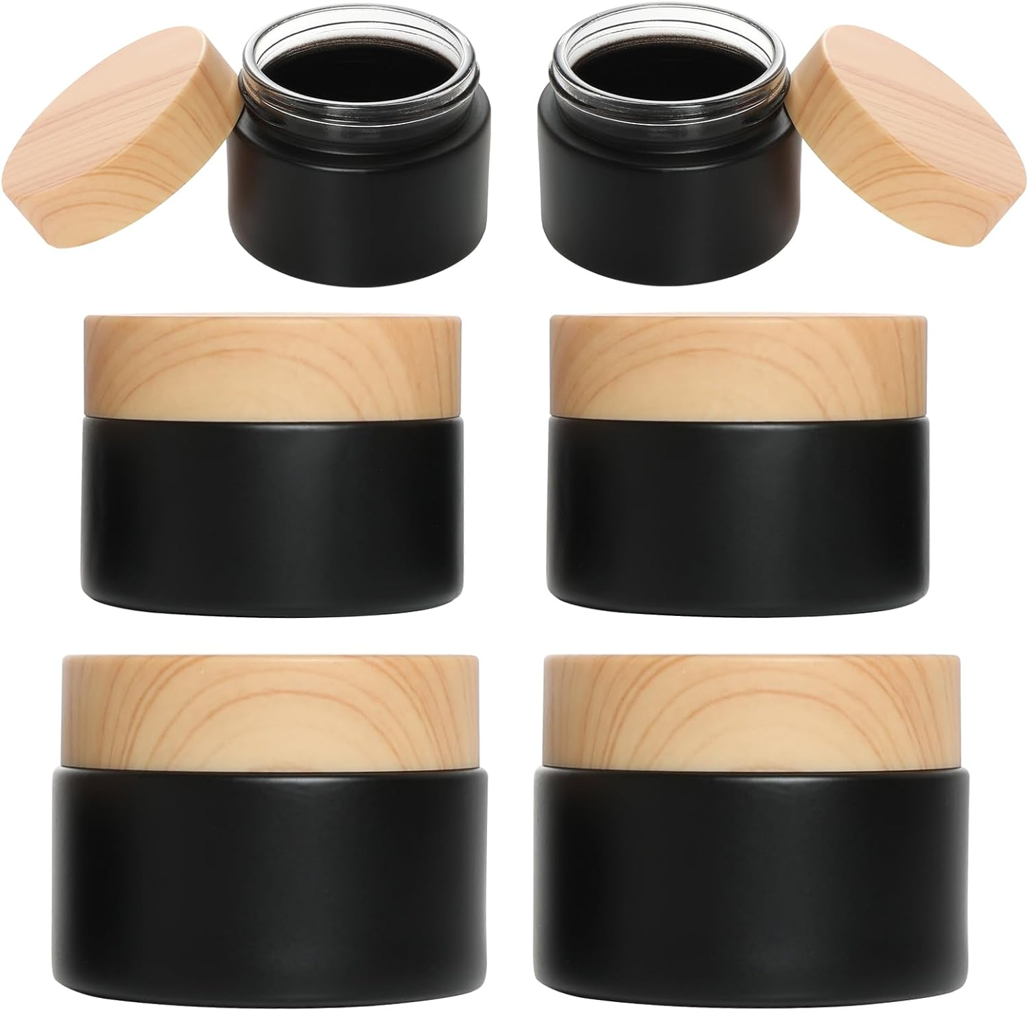 6Pcs Glass Cosmetic Containers with Wood Grain Lid Refillable Cosmetic Jar Frosted Glass Cream Container with Leak-Proof Lid Empty Makeup Jar for Lotions,Creams,Scrub Cream,Home,Travel(30Ml)