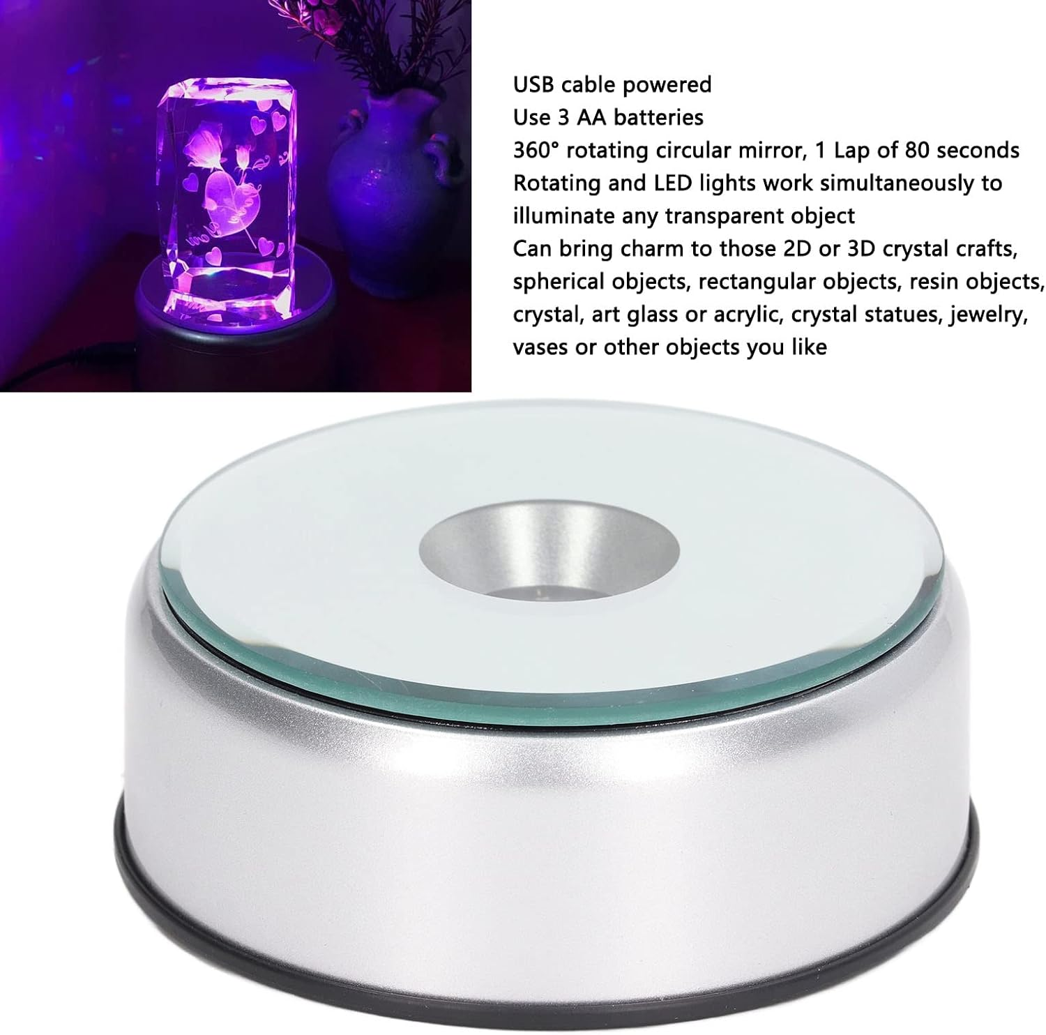 Rotating Display Stand, 360 Degree Light Colorful Crystal Base Cup Turner Platform, Revolving Display Stand, 80 Seconds per Lap, for Glass Art image number 4