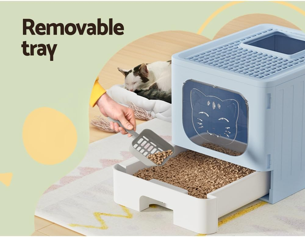 Large Cat Litter Box Enclosed Hooded Foldable Tray Kitty Toilet Scoop Blue image number 2