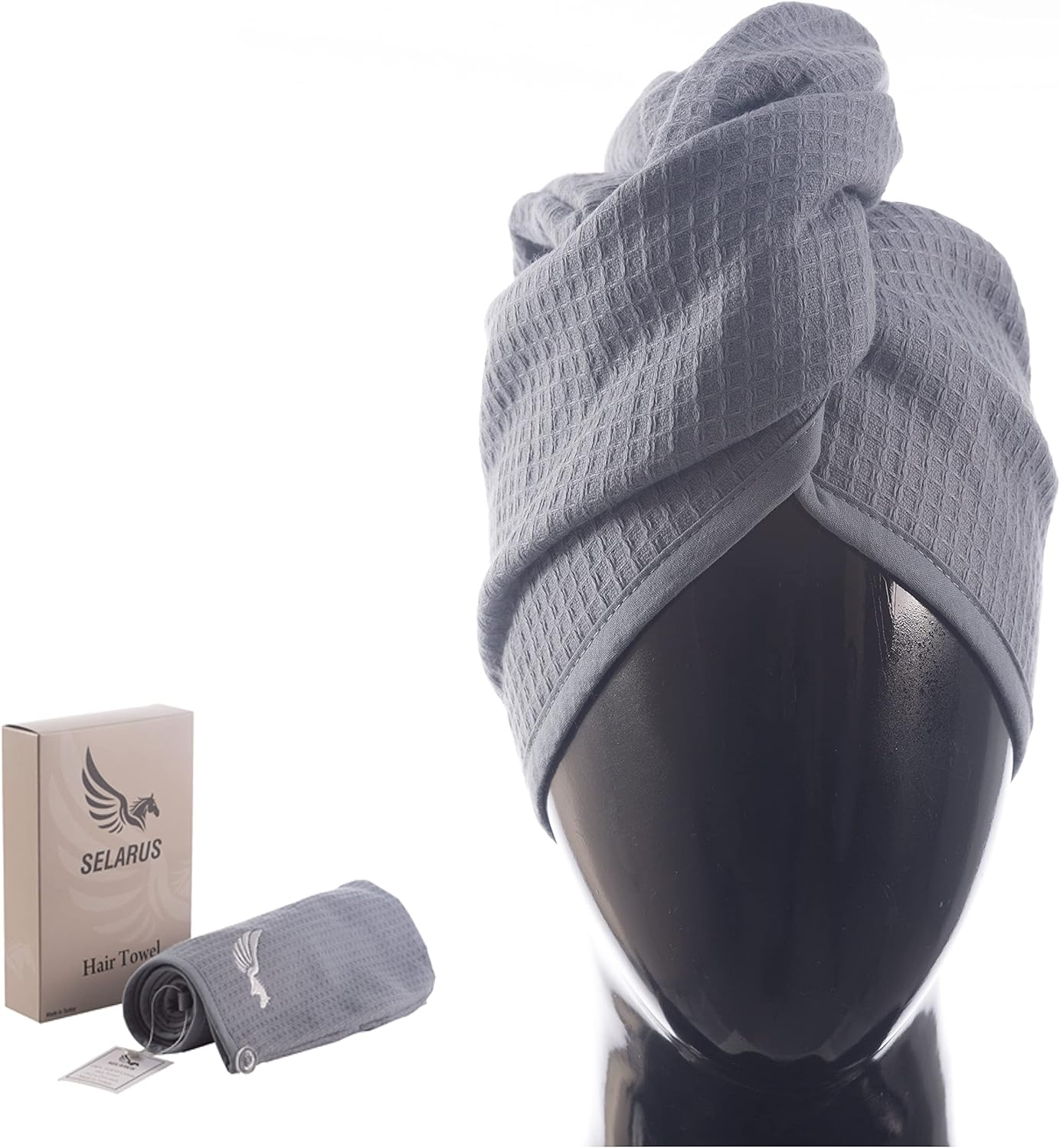 SELARUS 100% Turkish Cotton Hair Towel Wrap for Women,Non Microfiber,Super Absorbent,Antifrizz,Plopping Hair Drying Waffle Bath Towels for Curly,Long&Thick Hairs,Head Wrap,2 Pack10X26Inc (Grey+Grey)