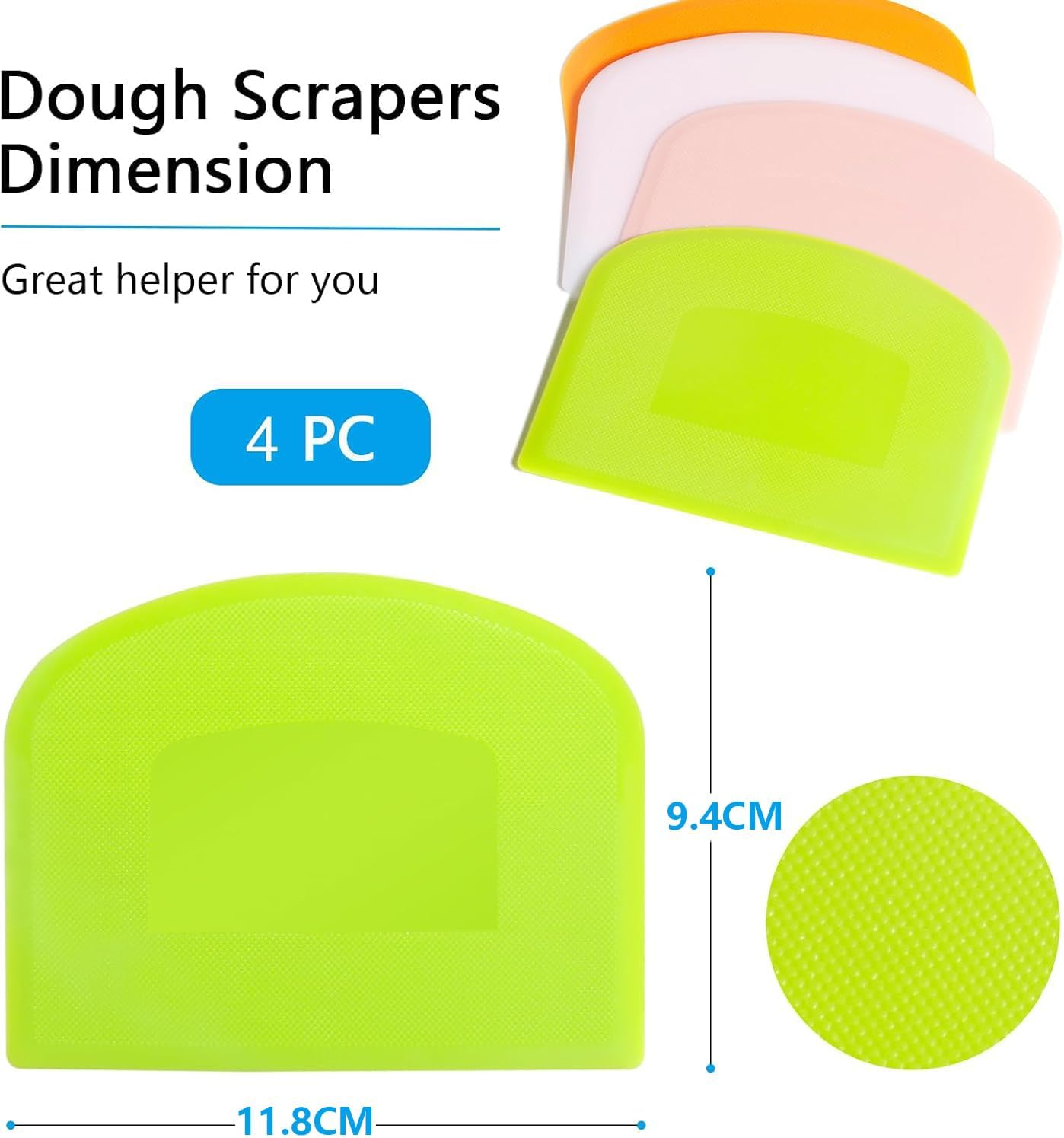 4 Pack Dough Scraper Bench Scraper for Baking, BPA Free PE Plastic Flexible Bowl Scraper, Food-Safe Plastic Dough Cutter for Bread Cake Dough Fondant Icing, White/Green/Orange/Pink image number 4