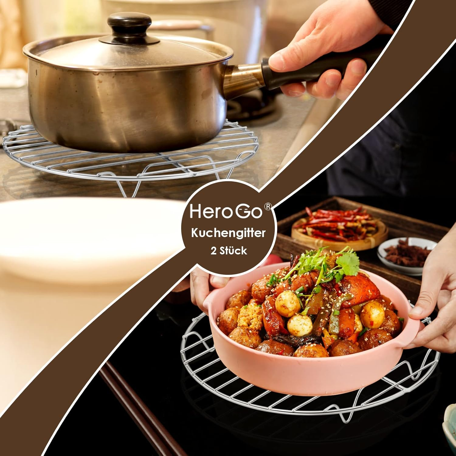 Herogo Cake Rack, Pack of 2 Cake Rack, Cooling Rack Made of Stainless Steel, round Cooling Rack for Cooling, Baking, Cooking, Steaming, Rustproof & Smooth Edge, Oven and Dishwasher Safe, Metal Silver, Diameter 23 Cm image number 1