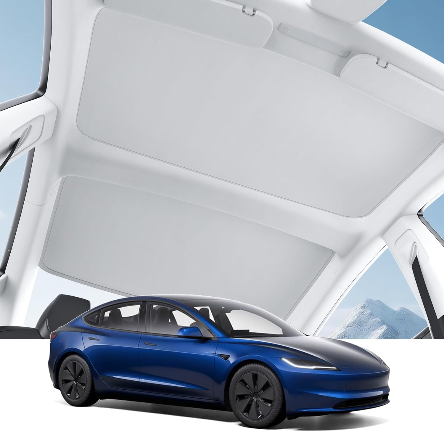 Motrobe 2025 2024 Tesla Model 3 Sunshade Roof [Never Sag, No Gaps] Glass Roof Sun Shade [Ice-Crystal Coatings] Sun Protection Heat Insulation Foldable Sunroof Covers Model 3 Highland Accessories Gray image number 2