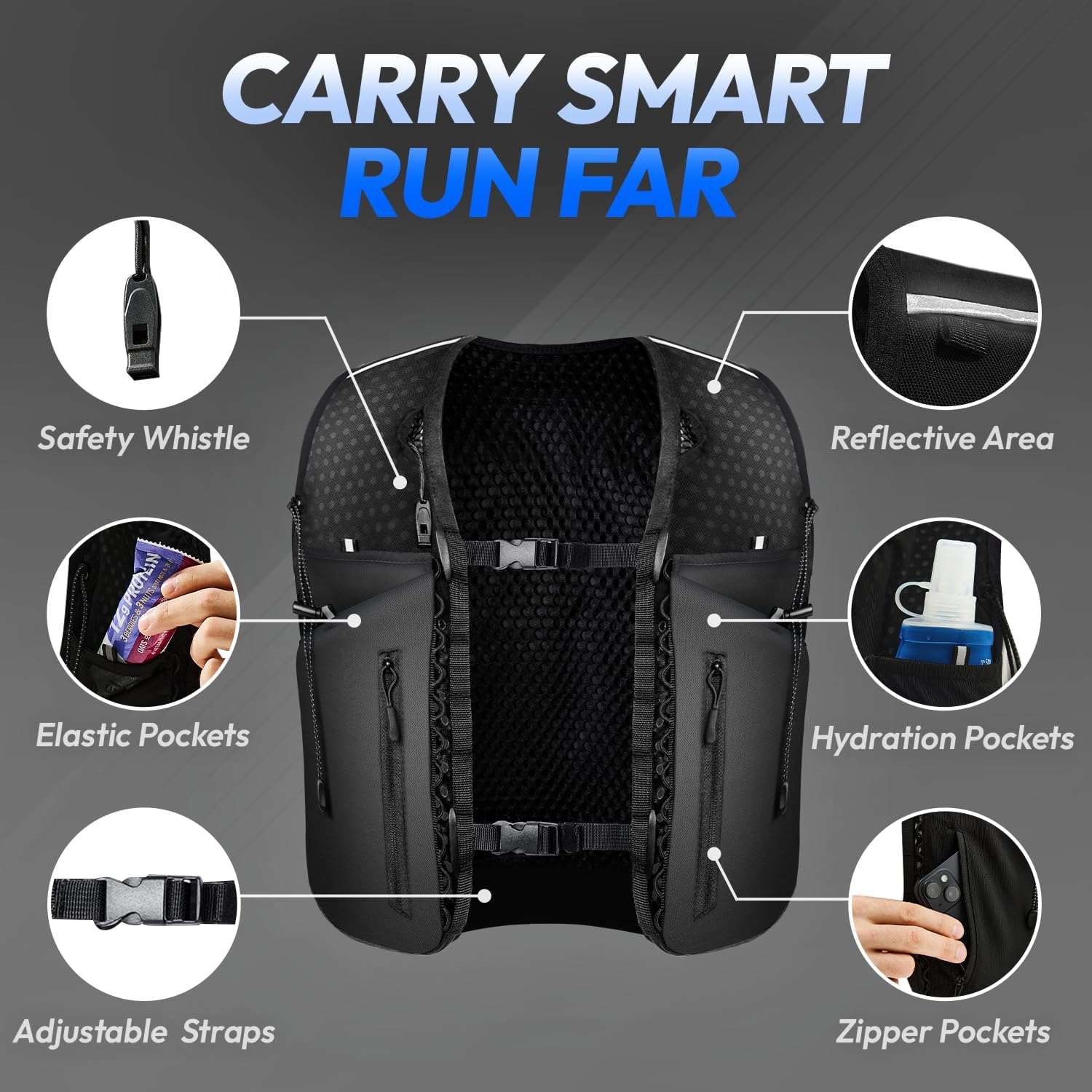 ALL REMATE Ultimate Multi-Sport Trail Running Vest with Water Bottle & Whistle &ndash; Ergonomic Lightweight Reflective Breathable Adjustable with Multiple Pockets & Straps image number 3