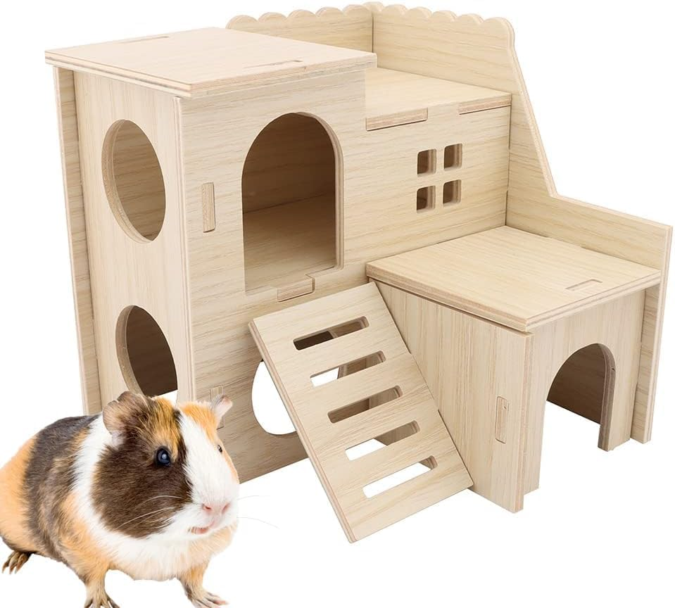 APEXORIGIN Wood Hamster House - Tiny Wood Maze & Fun-Slide Double-Decker Hut for Dwarf Gerbils, Mice, Rats & Small Animals - Cute, Easy to Assemble Indoor Hamster House (Brown) image number 2