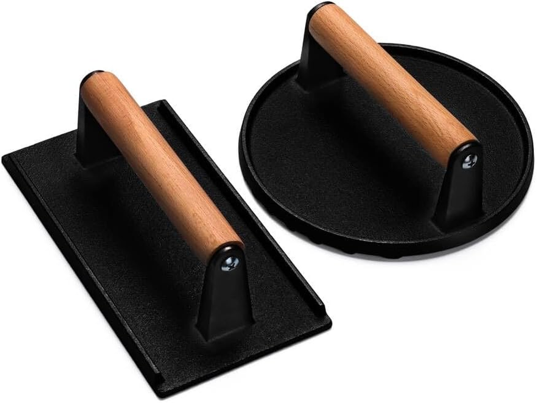 EWFEN Burger Press, 7" round & 8.2"X4.3" Rectangle Heavy-Duty Cast Iron Smash Bacon Press Meat Steak with Wood Handle for Griddle, Sandwich, Nonstick Pan