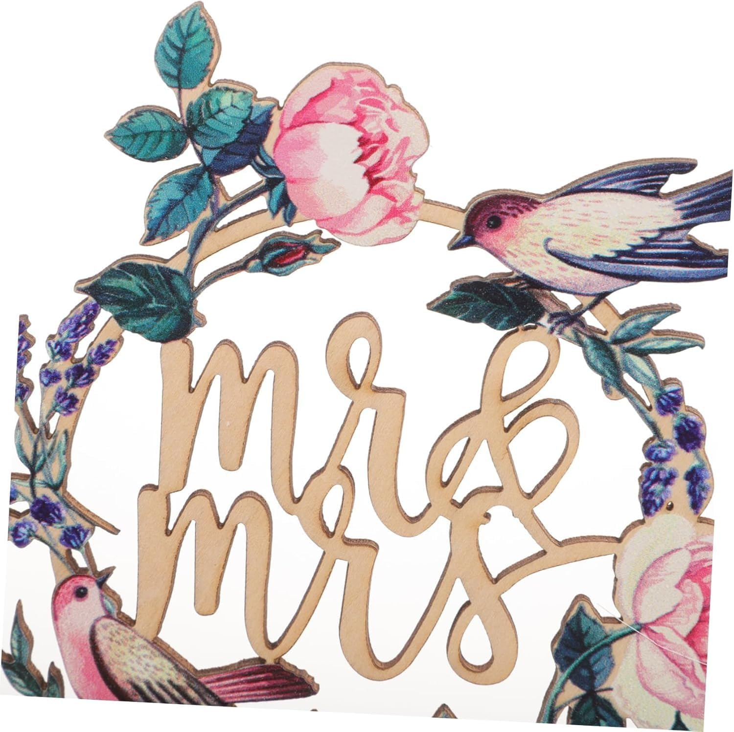 Mr & Mrs Wooden Cake Topper &ndash; Rose & Bird Floral Wedding Cake Decorations &ndash; Rustic Cake Sign for Engagement, Anniversary & Bridal Parties &ndash; 7 Inch Height image number 2