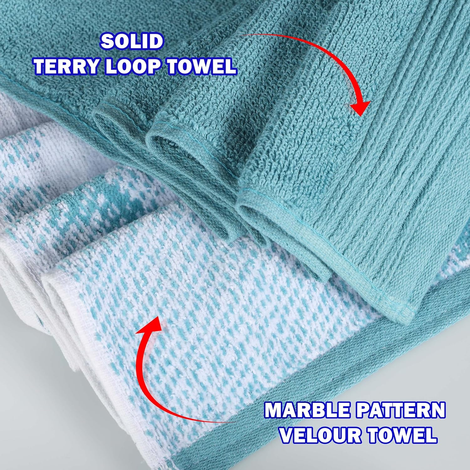 Superior Cotton 10 Piece Assorted Solid and Marble Towel Set, Includes 2 Bath, 4 Hand, 4 Washcloths/Face Towels, Soft, Absorbent, Decorative Bathroom Accessories, Home Essentials, Teal image number 3