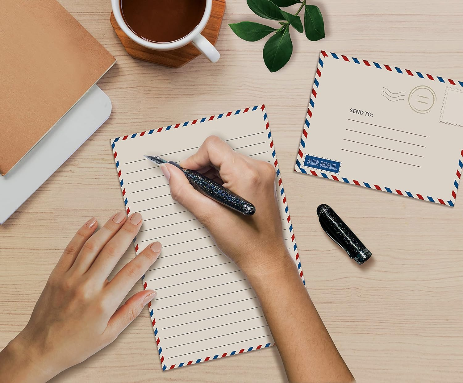 Better Office Products Mini Stationery Set, 100 Piece Set (50 Lined Sheets + 50 Matching Envelopes), 5.5 X 8.25 Inch, Vintage Airmail Design, Double Sided Printing, Double Side Lined Paper, By image number 2