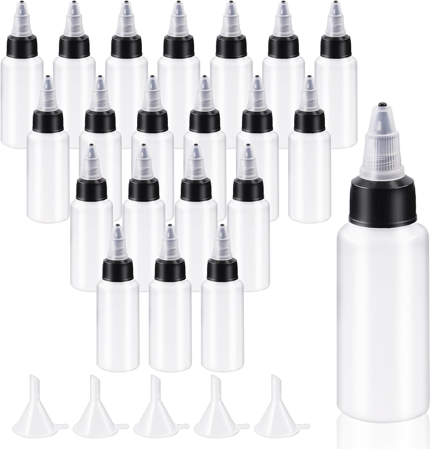 Glarks 25Pcs 30Ml/1Oz Dispensing Bottles with Funnel Set, Boston round LDPE Plastic Bottle, Clear Plastic Squeeze Bottles with Twist Top Cap for Kitchen, Household, Arts and Crafts image number 1