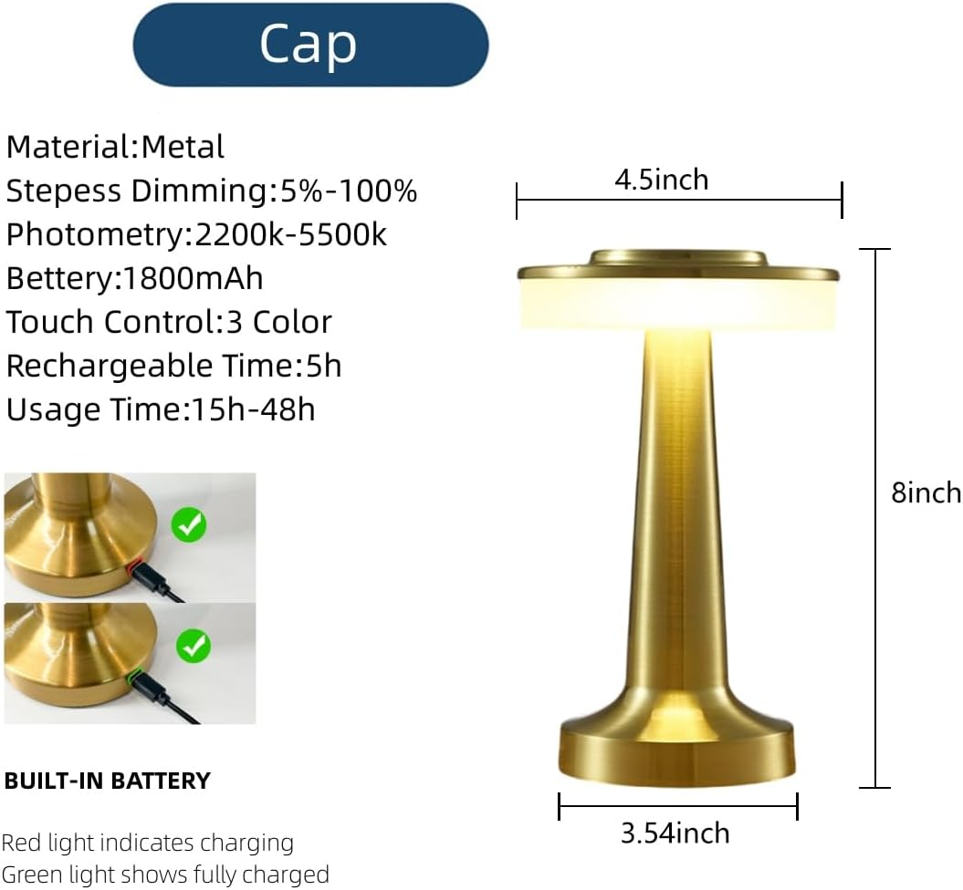 LED Rechargeable Portable Cordless Table Lamp with 3-Levels Brightness,Touch Lamp,Nightstand Lamp,Bedside Lamp for Indoor Outdoor Restaurant Bar Coffee Shop(Gold-Cap), HJ-JS001 image number 4
