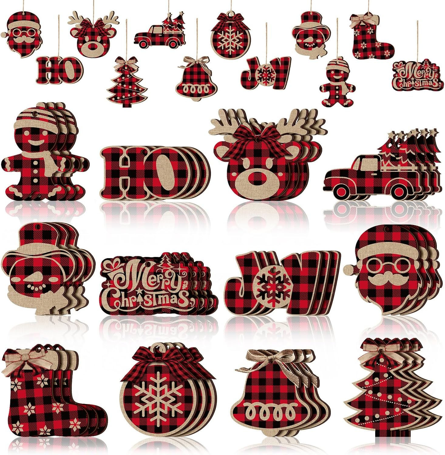 36 Pieces Christmas Buffalo Plaid Hanging Ornaments Christmas Tree Wooden Hanging Decor Wooden Christmas Ornaments Snowflake Reindeer Snowman Plaid Christmas Decor, 12 Styles (Wood Color)