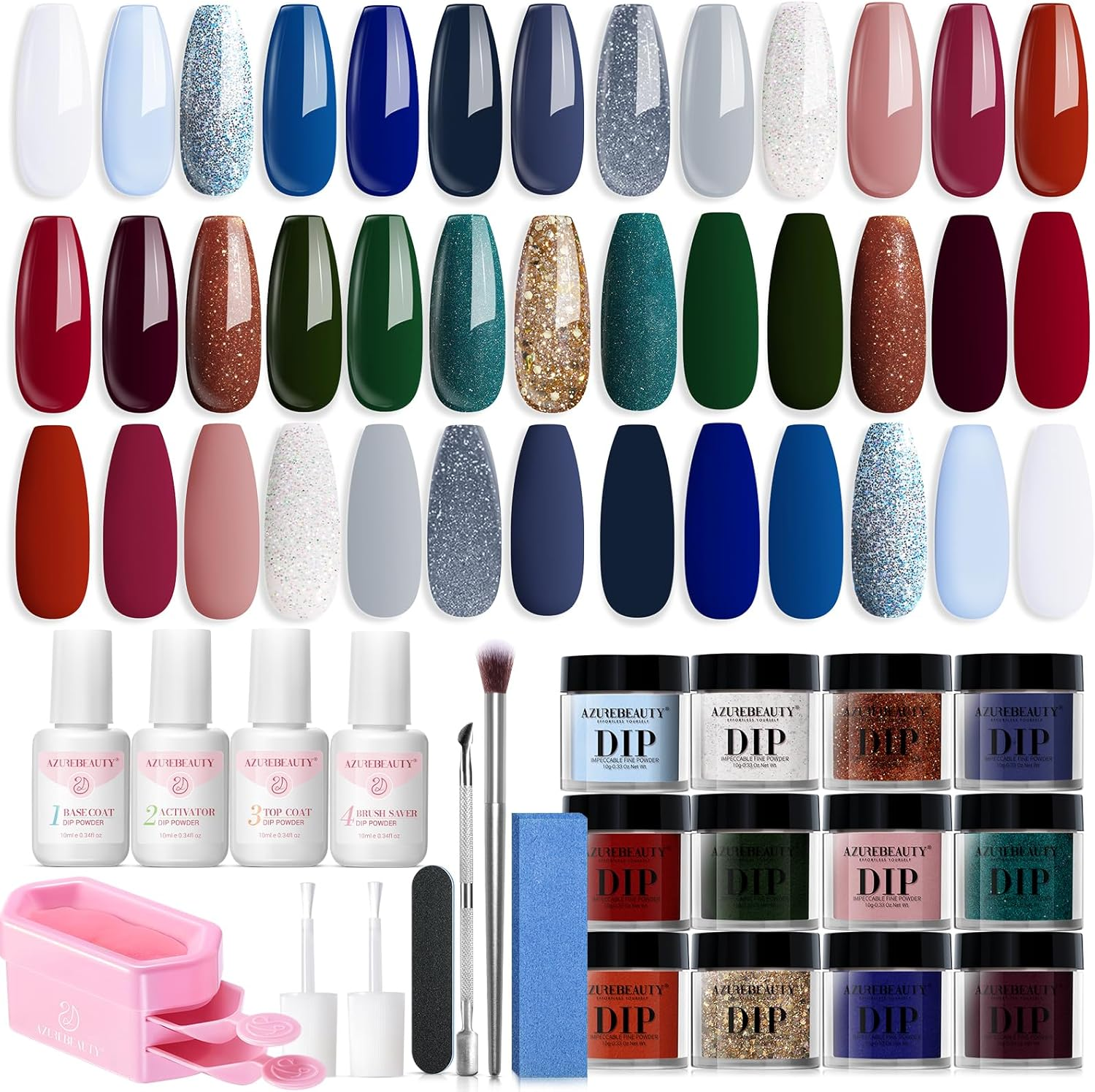 AZUREBEAUTY 31Pcs Dip Powder Nail Kit Starter 20 Colors Pastel Spring Summer Pink Acrylic Dipping Powder Set with Top/Base Coat Activator & Recycling Tray for Macaron French Manicure Salon