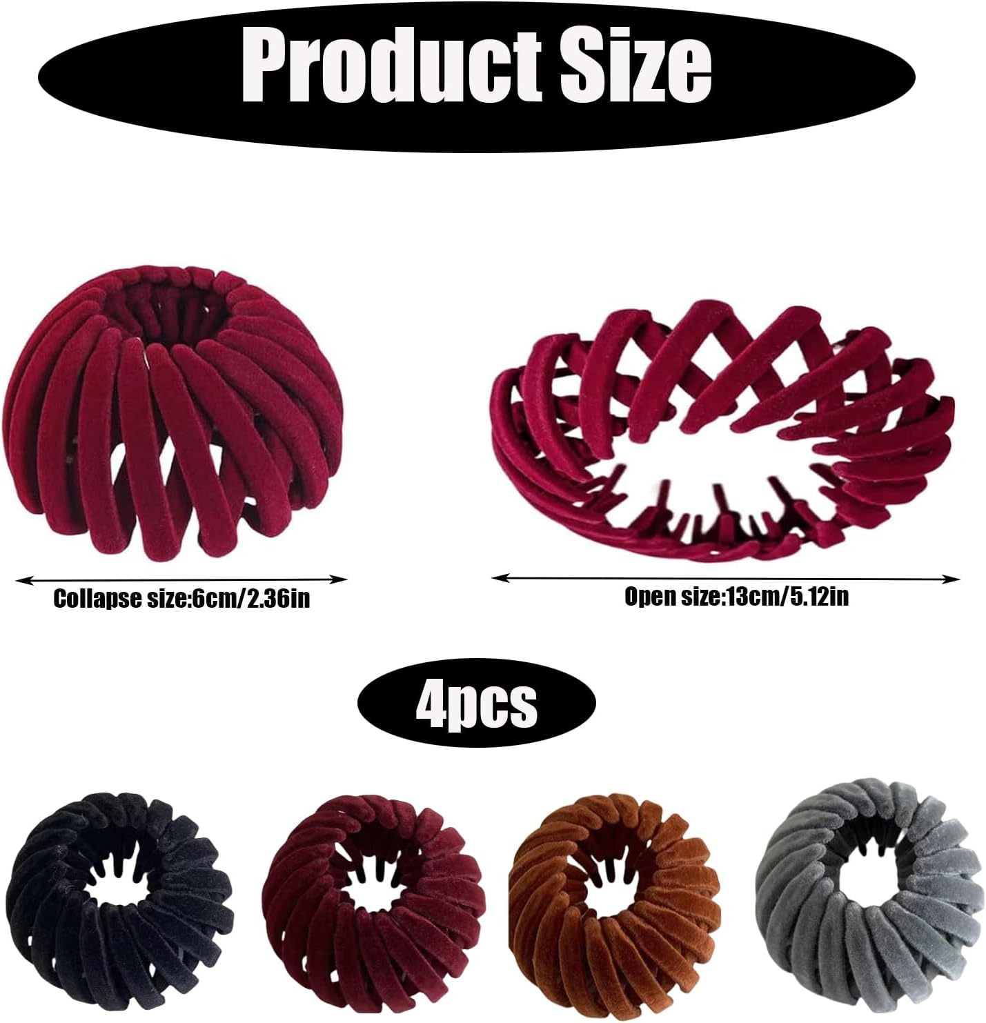 Hair Accessories for Women, Ponytail Holder, Hair Scrunchie Set, 4 Pieces, Bird Nest Hair Clips, Stretchy from 6-13 Cm, Black, Burgundy, Grey, Brown, Volume-Saving for Ponytail image number 3