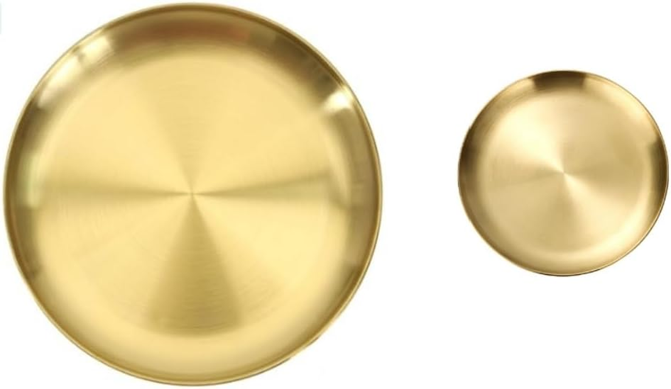 DACUAN Multi-Purpose Tray, Pack of 2 Gold Tray Round, Stainless Steel Golden Circular, Serving Tray for Living Rooms Bathrooms Hotels Restaurants