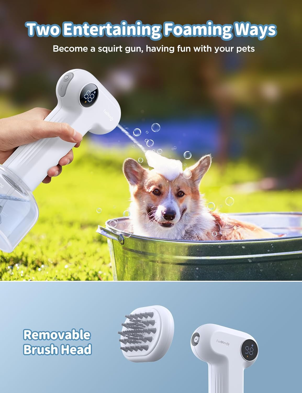 FEELNEEDY Automatic Foaming Soap Dog Bath Brush, Foaming Dispenser with Soft Silicone Massage Dog Shampoo Brush, One-Click Deep Cleaning Dog Washing Brush for Short and Long Haired Pet, White image number 6