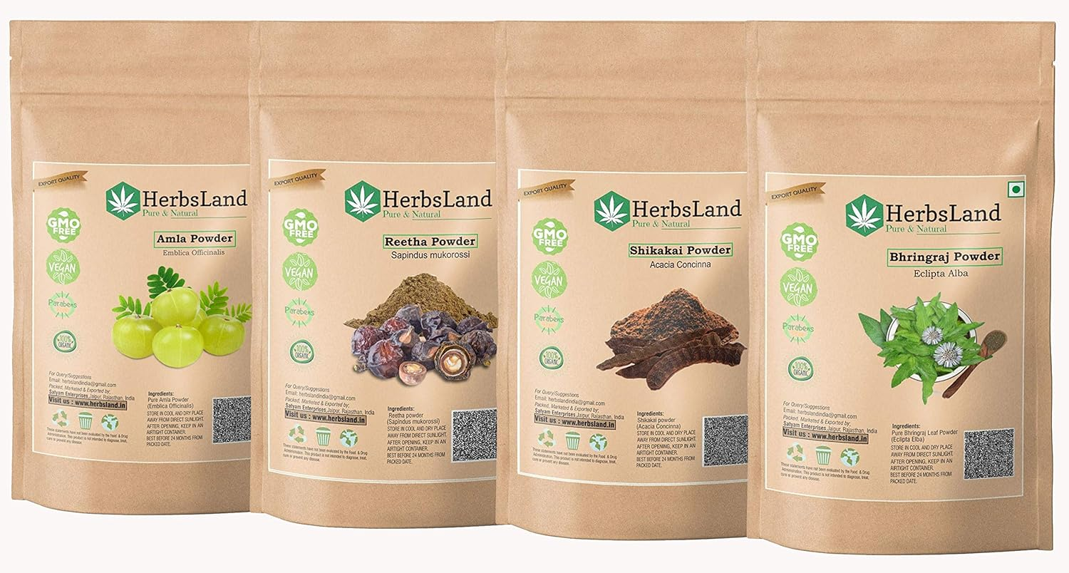 Herbsland&reg; Pure Bio Organic Amla Reetha Shikakai Bhringraj Powder for Face, Skin and Hair Care| Shiny Hair Growth with Anti-Dandruff Treatment | Natural Conditioning & Shampoo (50 Gm Each) (200 Gm) image number 6