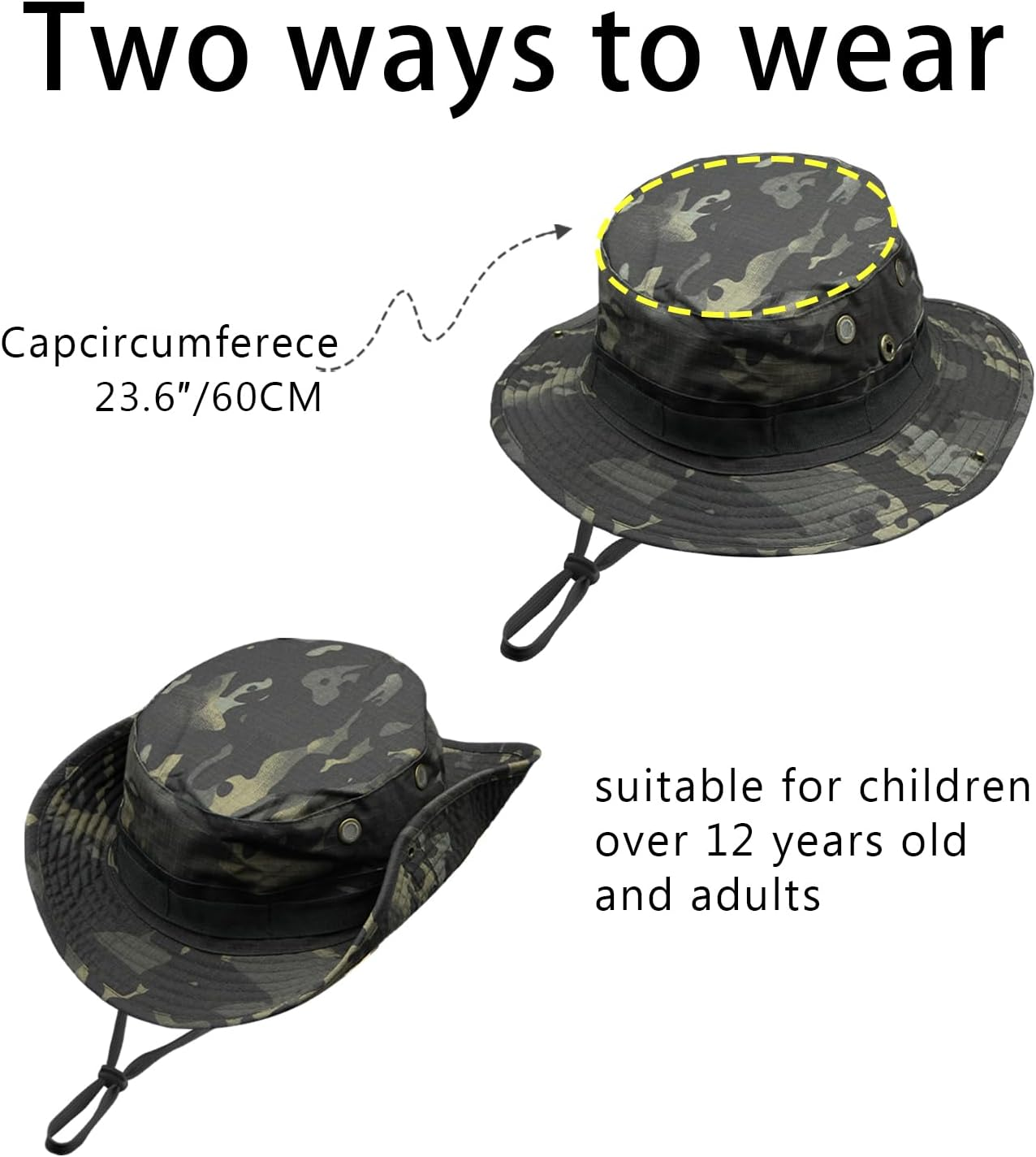 Camo Boonie Hat for Men Women, Military Tactical Wide Brim Bucket Hats, UPF50+ Jungle Sun Cap for Fishing Hunting Safari image number 3