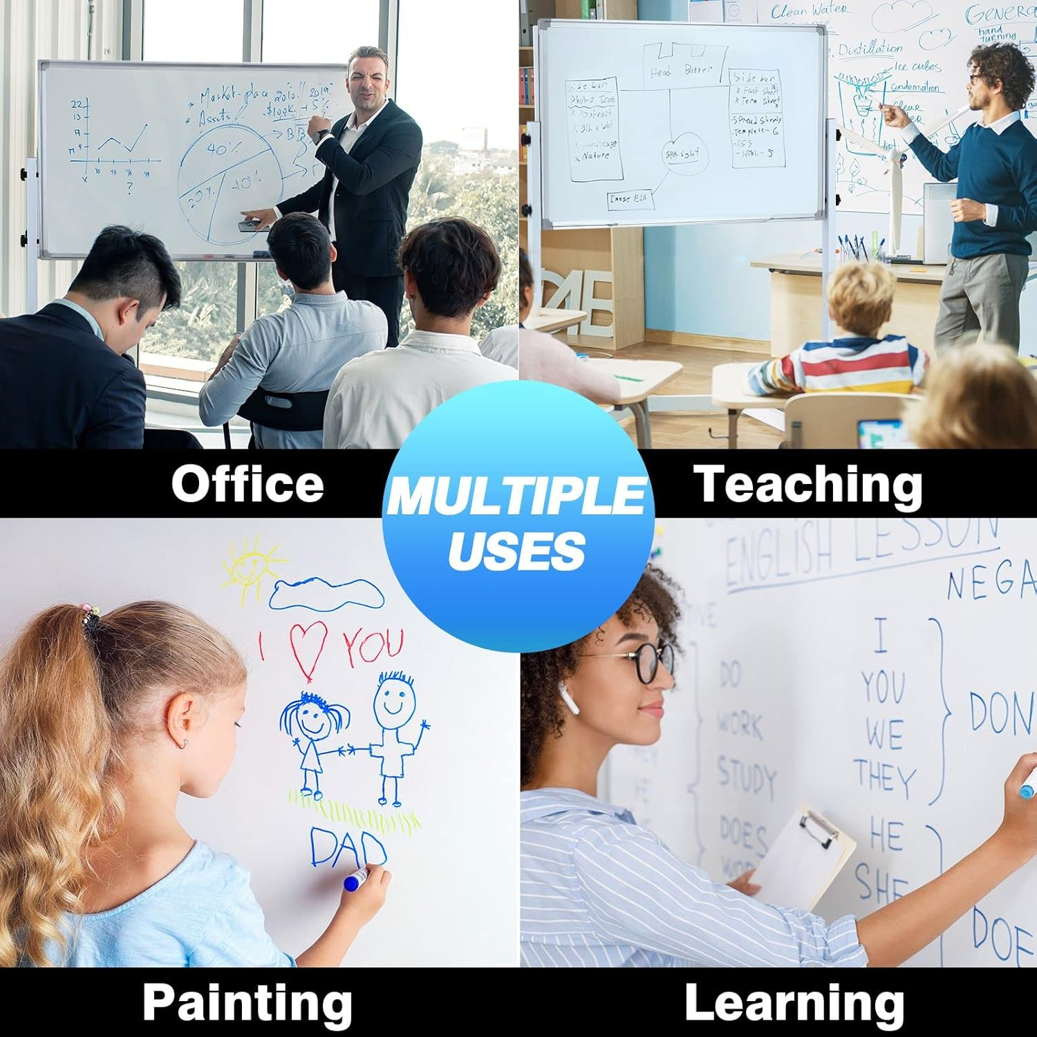 Double Sided Magnetic Whiteboard Interactive Mobile White Board Dry Erase Stand Casters Adjustable Height 90Cmx60Cm - 60Cmx90Cm image number 2