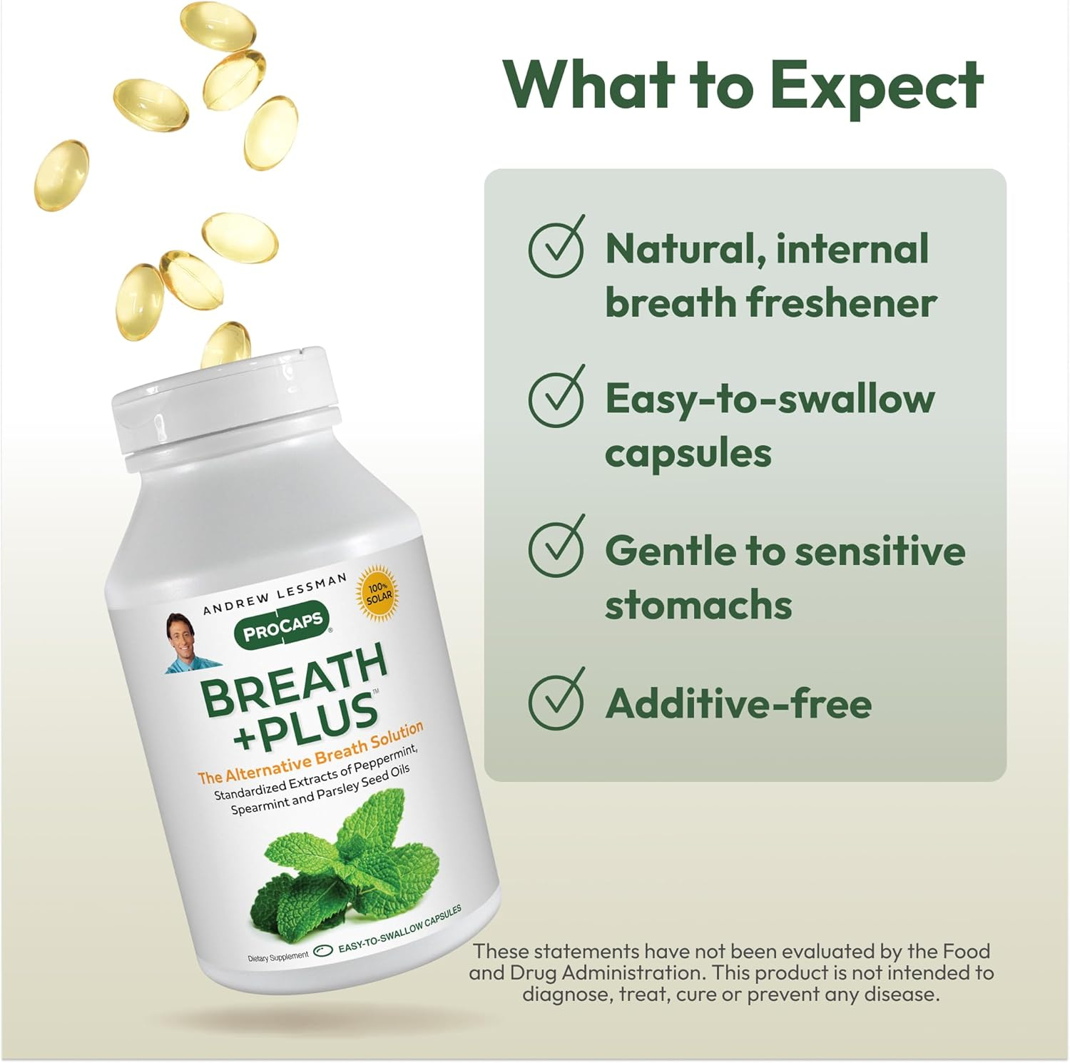 Andrew Lessman Breath plus 180 Softgels &ndash; Natural Breath Freshener, Helps Eliminate Odors from Food, Smoking, Morning Breath from the inside Out, with Peppermint image number 5