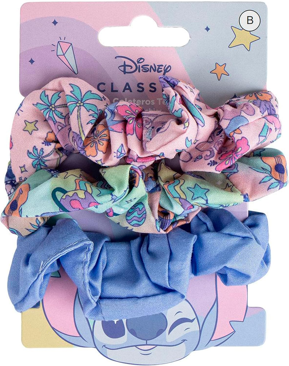 Disney Stitch Hair Scrunchies for Girls and Women, Non-Slip and Soft Ponytail Holder - 3 Scrunchies Set (2 Printed, 1 Solid Colour)