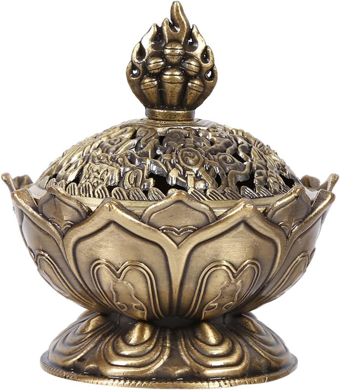 Vintage Backflow Incense Burner Bowl, Lotus Incense Holder Charcoal Censer Ash Catcher for Powder Cone or Coil Incense(Red Bronze)