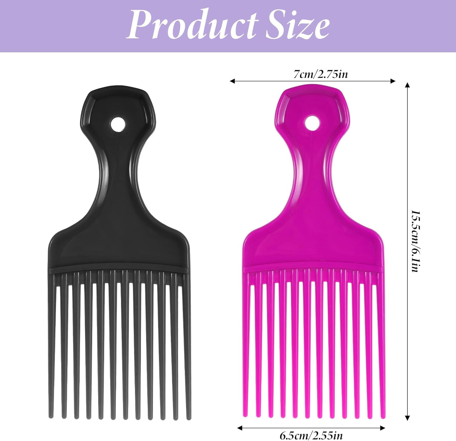 Hair Picks for Women, 2 Pcs Wide Tooth Afro Pick Plastic Pick Comb Hairdressing Styling Tool for Women and Men Curly Hair Detangling (Black, Purple) image number 5