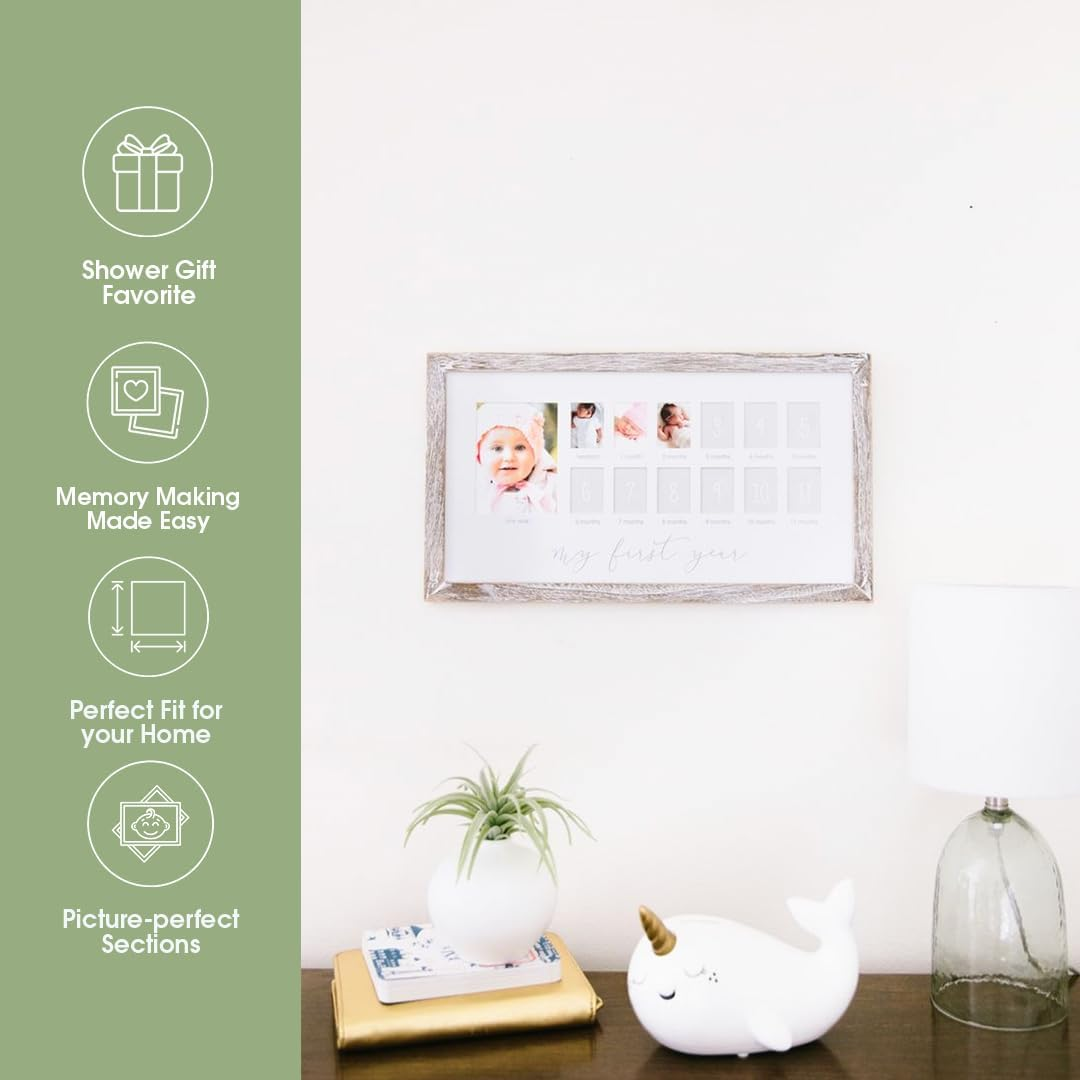 Pearhead My First Year Photo Moments Baby Keepsake Picture Frame, 0-12 Months Baby Photos, Father&rsquo;S Day Accessory, Gender-Neutral Baby Milestone Nursery D&eacute;cor, 13 Photo Inserts, Distressed Wood image number 1