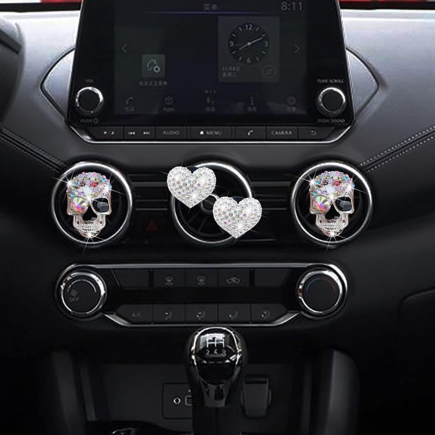 Bling Skull & Heart Air Vent Clips, 4 Pcs Crystal Skull Car Air Fresheners Vent Clips Car Diffuser Vent Clip Rhinestone Diamond Car Decoration Car Interior Decor Bling Car Accessories for Women image number 4