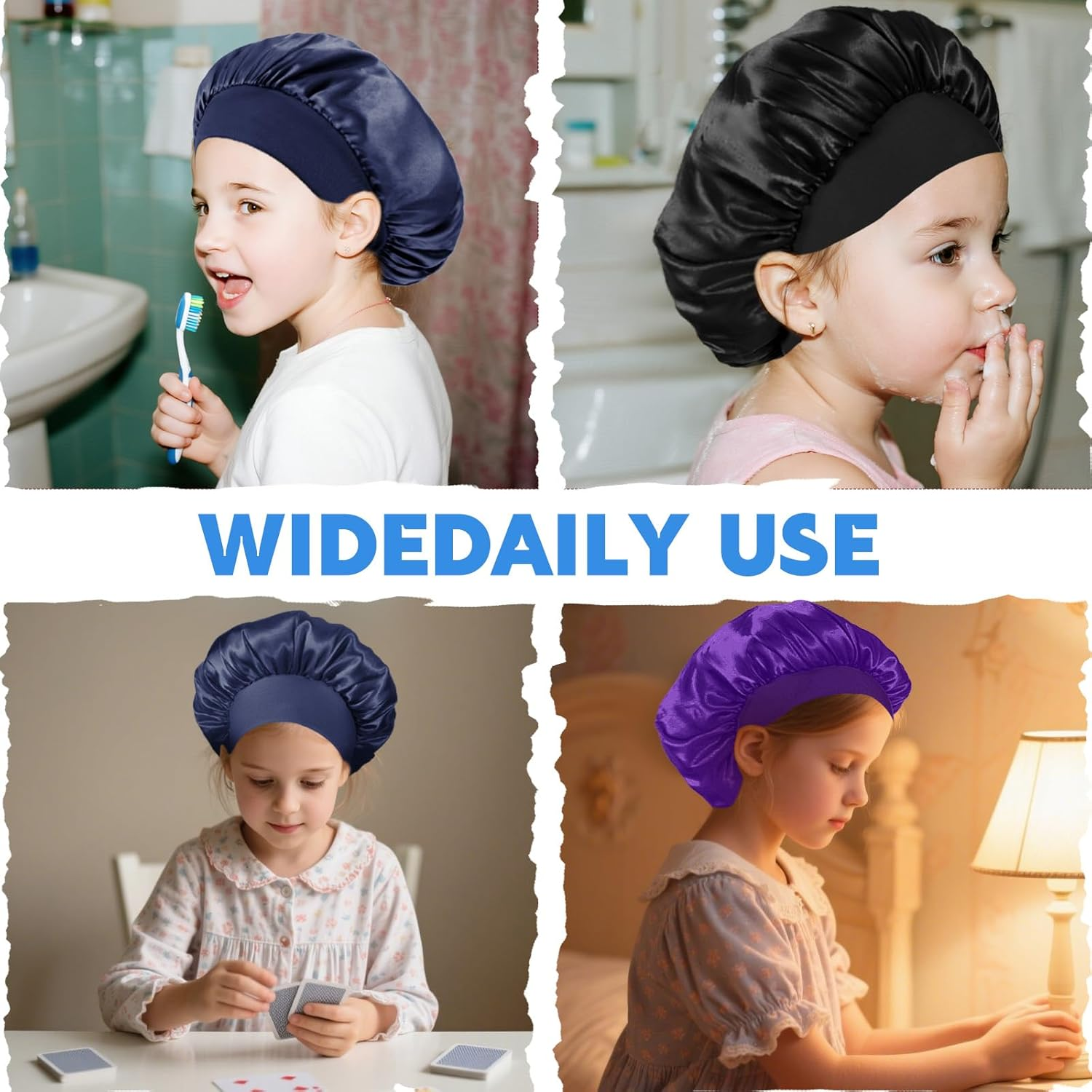 LXUEJEI 3 Pcs Bonnet for Kids, Kids Bonnets for Girls, Satin Silk Hair Bonnet for Sleeping, Soft Wide Band Sleep Cap for Curly Hair Braids Shower Caps for Teens Child Toddler(Blue, Purple, Black) - Black, Pink, Burgundy image number 3