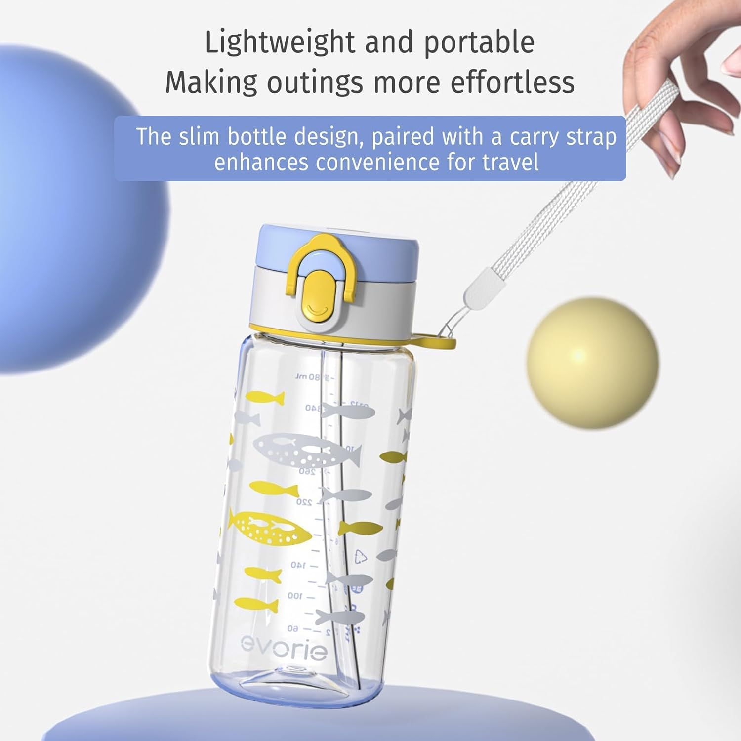 Evorie Tritan Kids Water Bottle with Straw, 13Oz Bpa-Free Leak Proof Drinking Bottle for School & Travel, Lightweight Clear Water Bottle with Carry Strap, Dishwasher Safe, for Kids Ages 3+ (Fish) image number 1