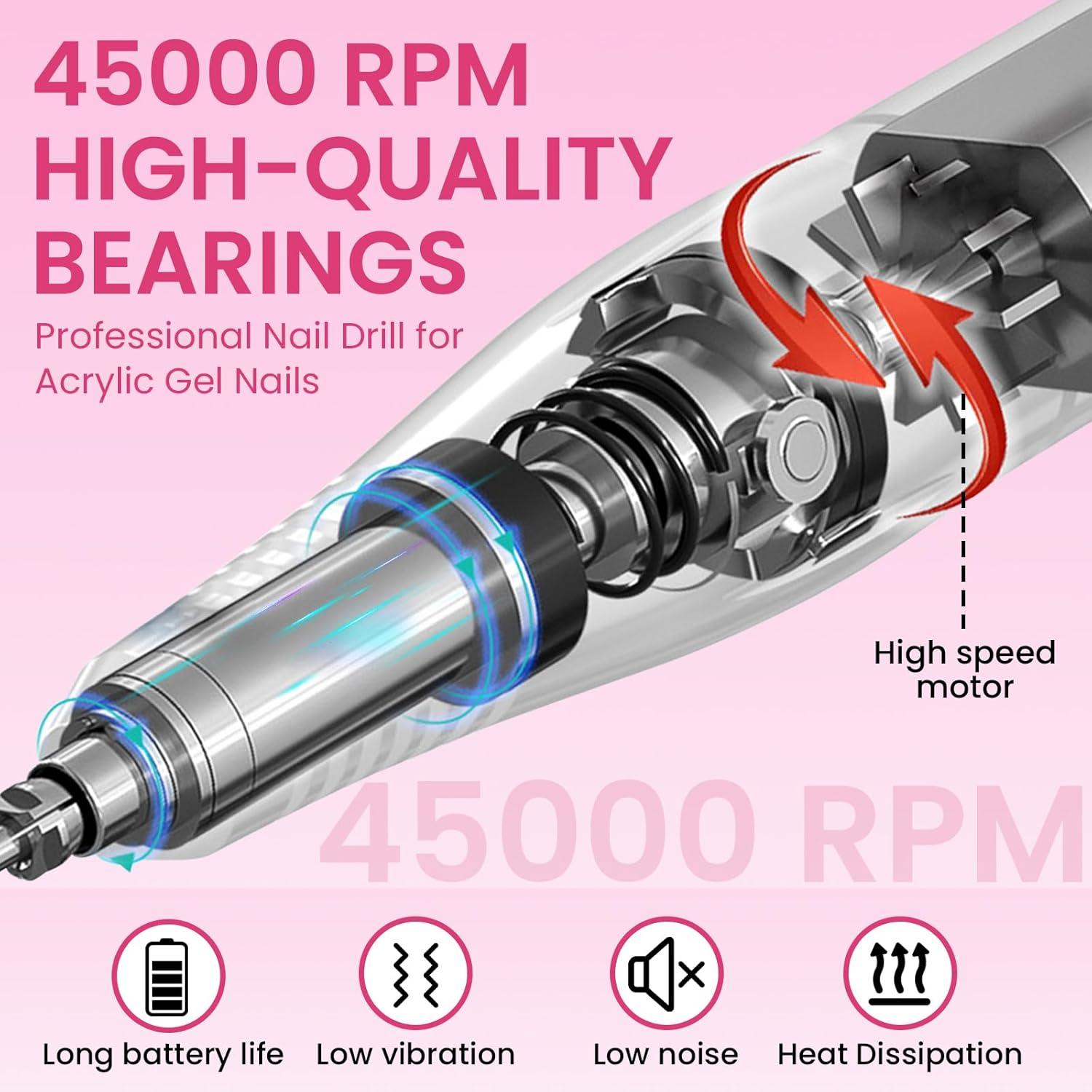 45000RPM Professional Cordless Nail Drill Electric Machine Portable Low Noise Nail Filer Electric with Efile Bits & Base for Acrylic Nails, Nail Buffer Machine for Salon Home