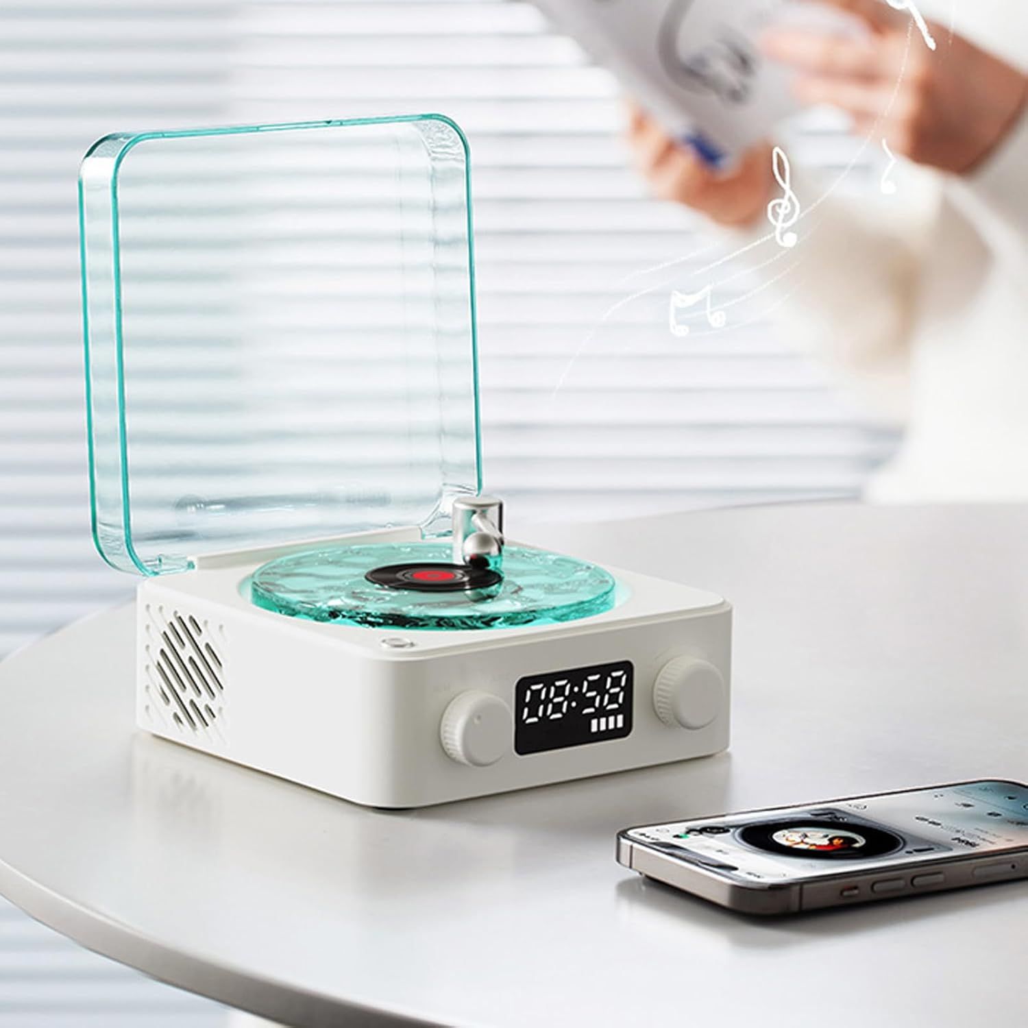 Waves Vinly Bluetooth Speaker, the Waves Vinly Player with Water Ripple Light, Retro Style Vinly Record Player, Aqua Speaker for Bedroom, Office, Party (White)