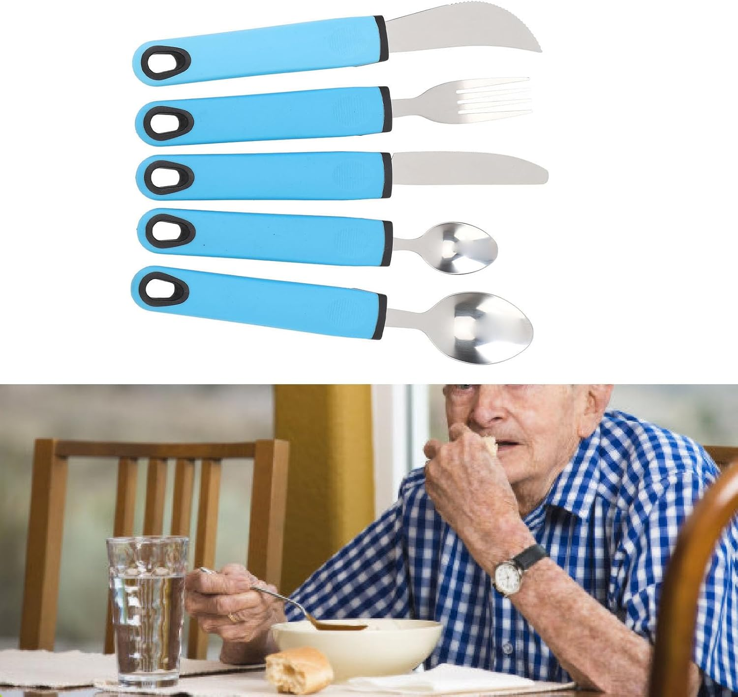 5Pcs Adaptive Cutlery Set, anti Shake Adaptive Utensils Set, Adaptive Flatware Set, with Nonslip Handle for Hand Tremors, Arthritis, Parkinson or Elderly Use (Blue) - Blue image number 6