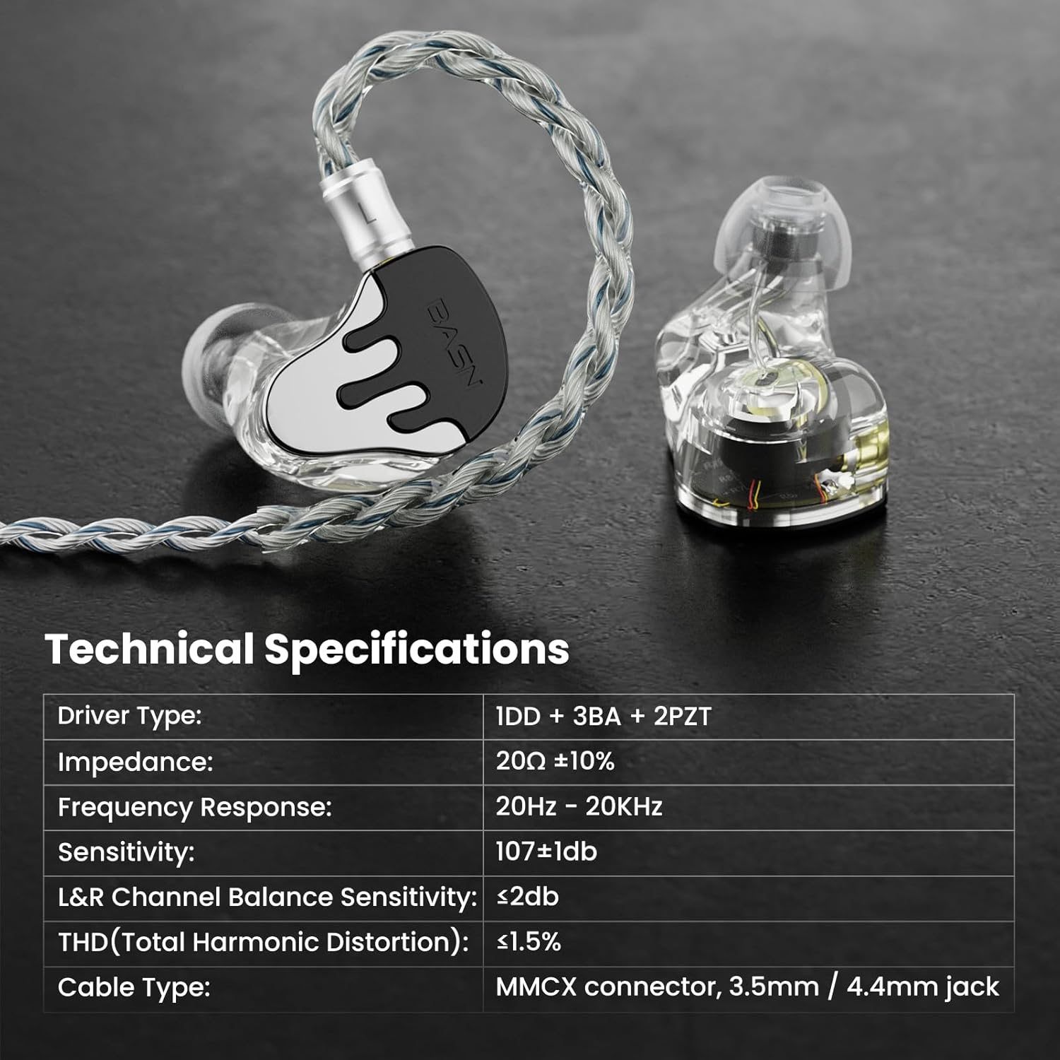 BASN Bmasterx in Ear Audio Monitor, Hybrid 6 Drivers IEM Earphones with Crystal Clear Sound, Detachable Cable plus Carrying Case & Fit Kit for Musician, Stage, Studio (3.5Mm/4.4Mm Jack, Black/White) - Deep Black  Silver image number 4