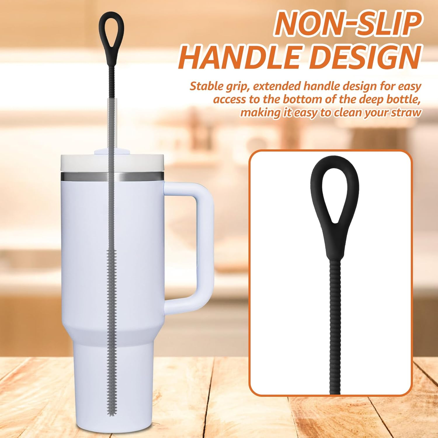 2 Pcs Silicone Straw Cleaner Brush Reusable Straw Cleaner Pipe Cleaning Brush with Aniti Slip Long Handle for Glass Pipe 6Mm and 9Mm(Black,2) image number 5