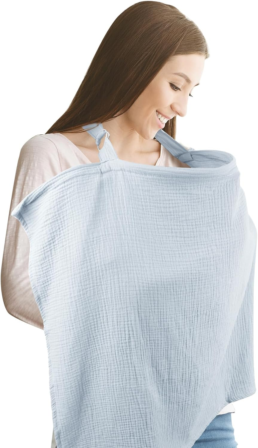 Muslin Nursing Cover for Baby Breastfeeding, Breathable Privacy Nursing Cover with Arch Neckline for Mom, Organic Cotton Multi-Use Nursing Apron (Blue)