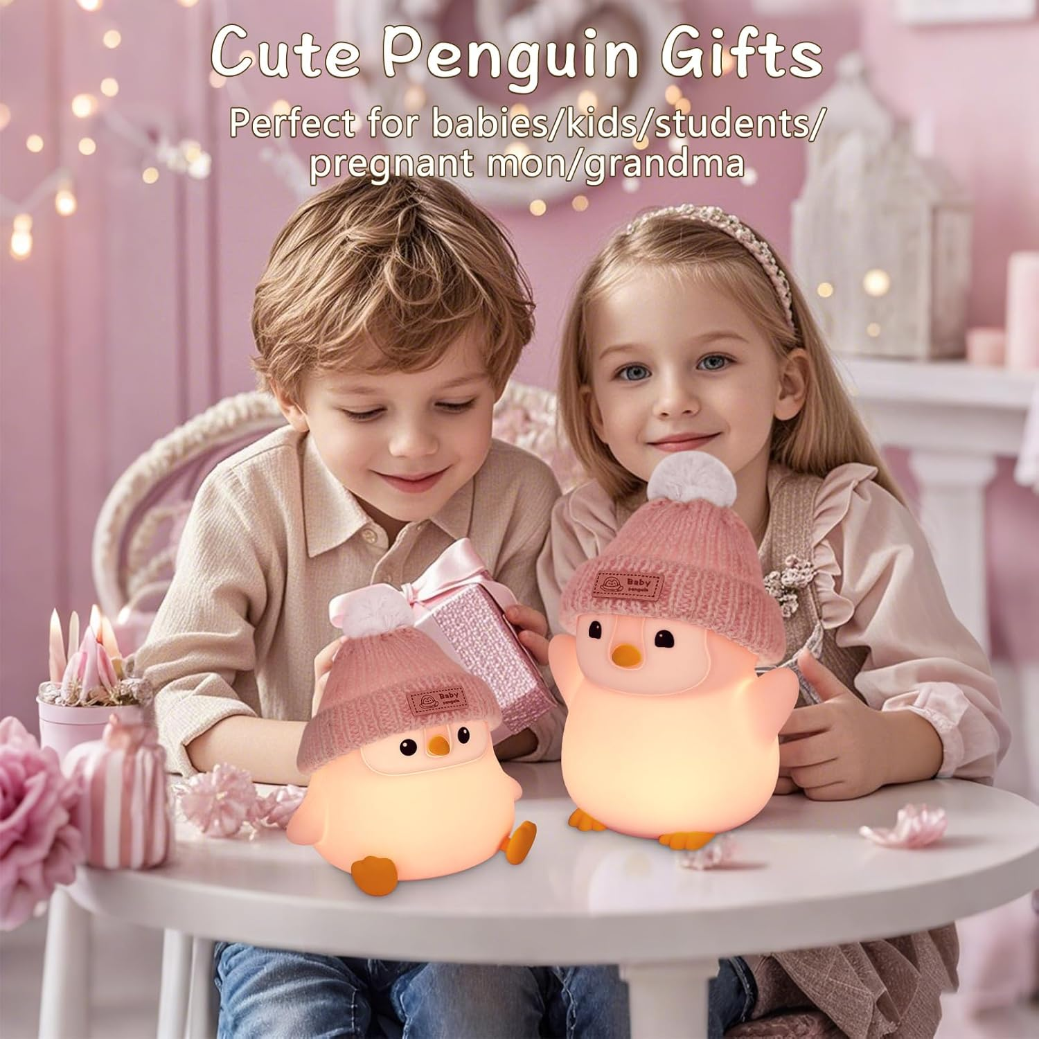 FAMIDUO Penguin Silicone Night Light, Cute Pink Penguin Lamp with Knitted Hat, Soft Nursery Nightlight, USB Rechargeable/Dimmable,Led Squishy Novelty Animal Bedside Lamp,Funny Gifts for Kids/Girls image number 5