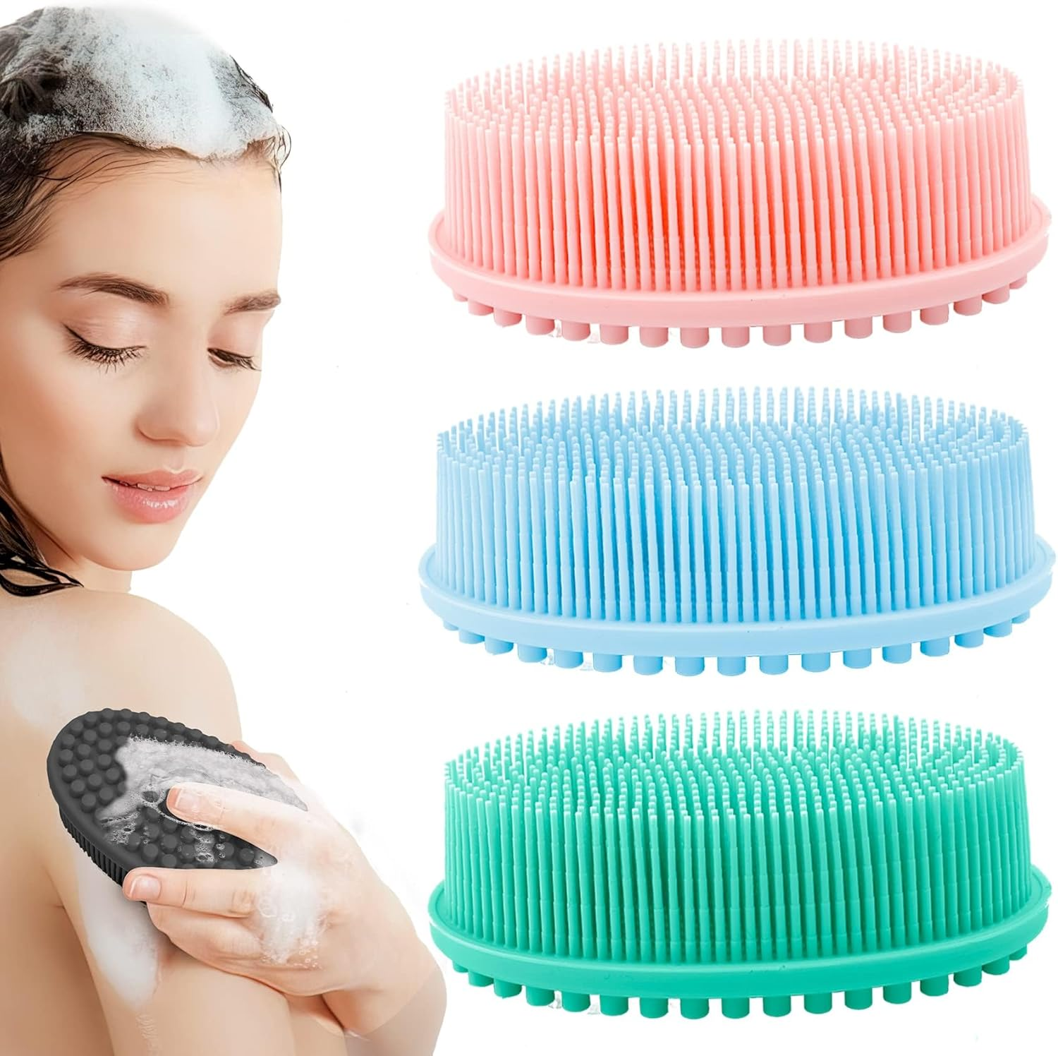 Silicone Scrub, 3PCS Body Scrub, Silicone Shower Body Brush, Bath & Shower Brush, Soft Silicone Loofah Exfoliator (Pink + Green + Blue)