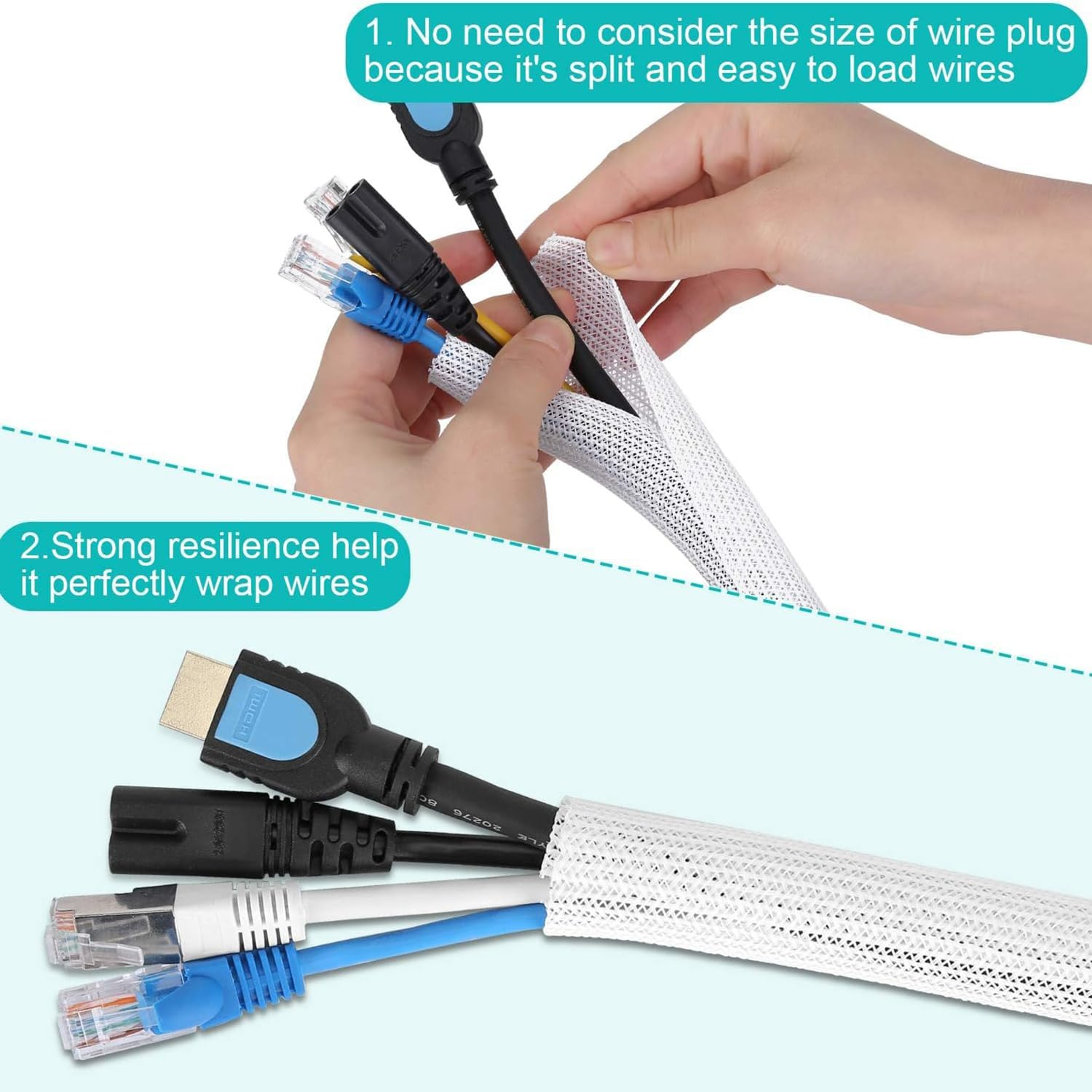 2Pcs White Cable Sleeve, Cord Management Wire Organizer under Desk, Home Office Computer Wire Cover Hider Cord Protector, Protect Cables from Pet Cat Dog Chewing, White ﻿