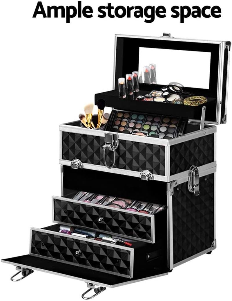 Portable Cosmetic Beauty Makeup Carry Case with Mirror Diamond Black Travel Bag
