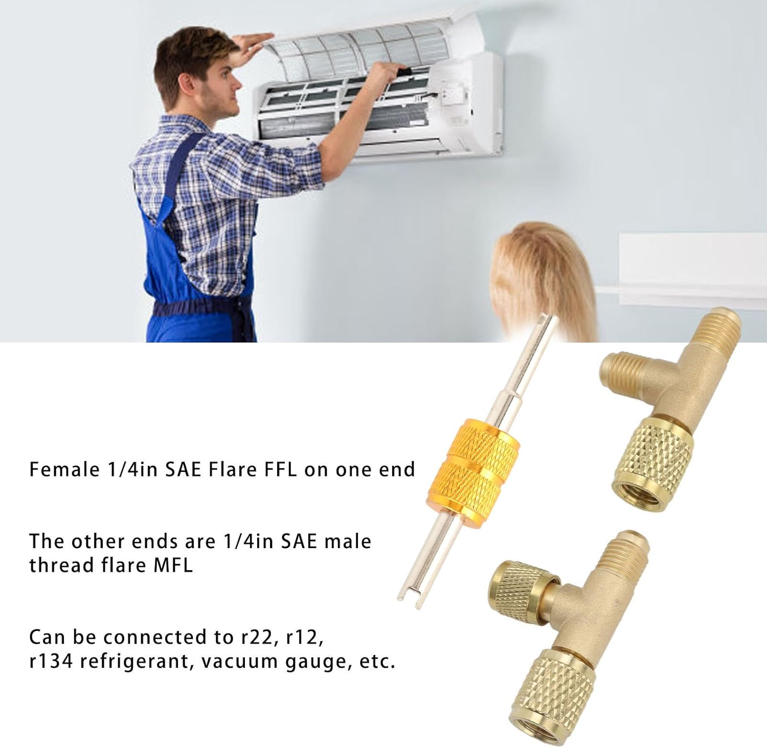 1/4In Valves Core Brass Tee Adapter, Quick Coupler Access Tee Fittings for Vacuum Gauge R22 R12 R134 Refrigerant, 1/4In SAE Adapter, Air Conditioning Line Repair Tool image number 1