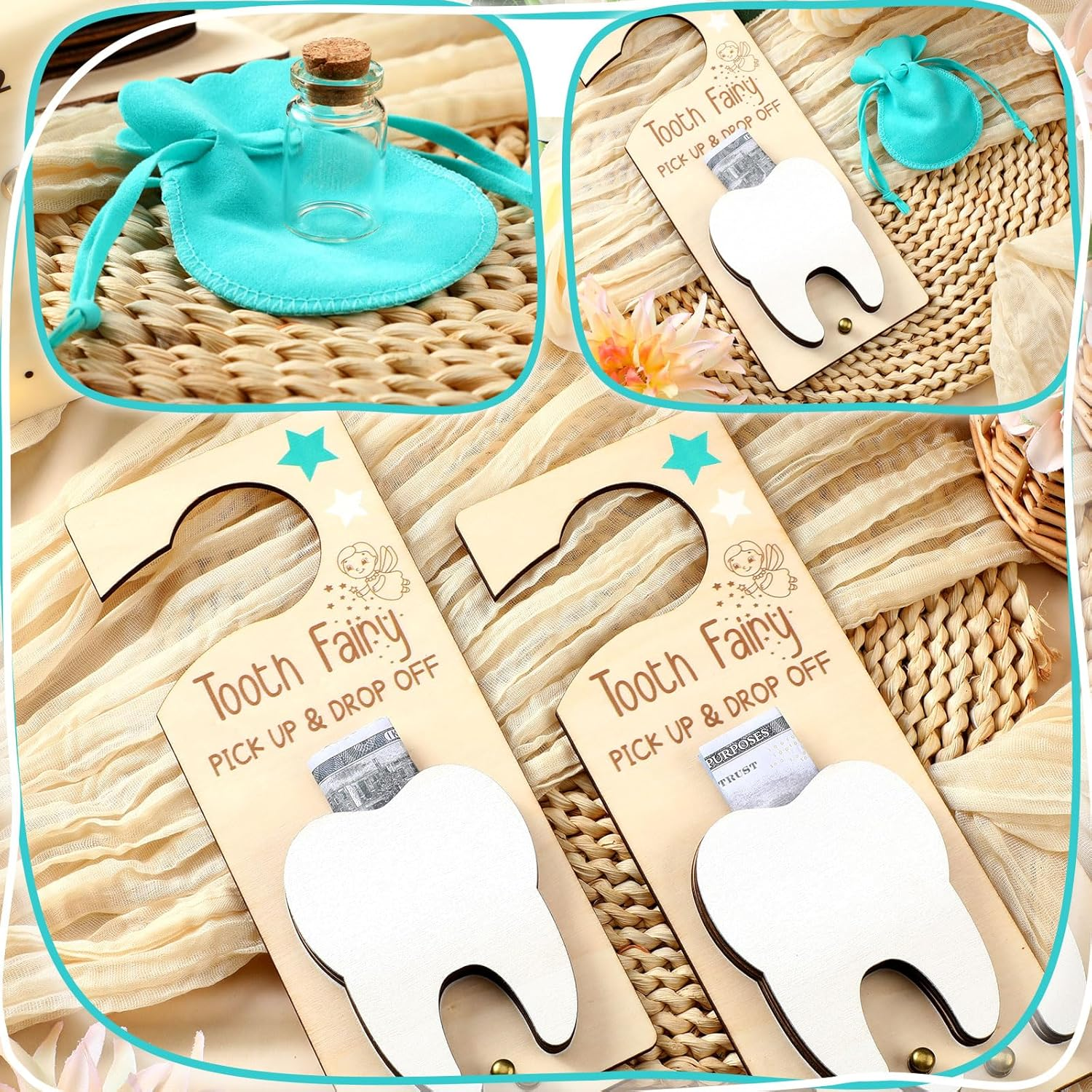 Doublefill Tooth Fairy Holder Bag Hanger with Money Slot Keepsake Bottle Velvet Pouch Tooth Fairy Box Encourage Gift for Lost Teeth Boy Girl Milk(Classic,Lake Blue) - Blue Brown image number 5