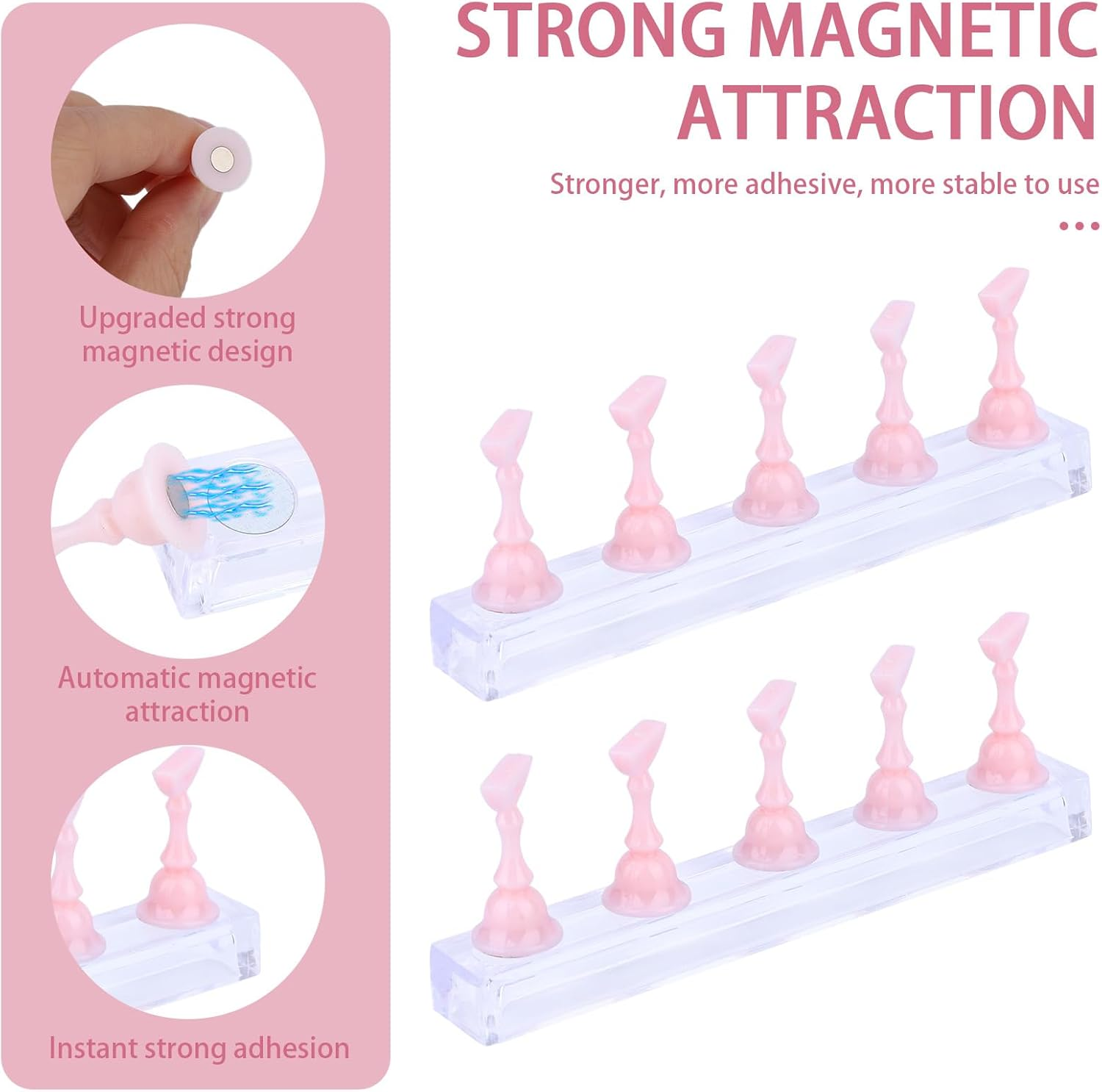 2 Set Nail Holder for Painting Nails, Acrylic Magnetic Base Fake Nail Display Stand for Press on with 100Pcs Double-Sided Adhesive Tape Home and Salon Manicure Training Tools image number 2