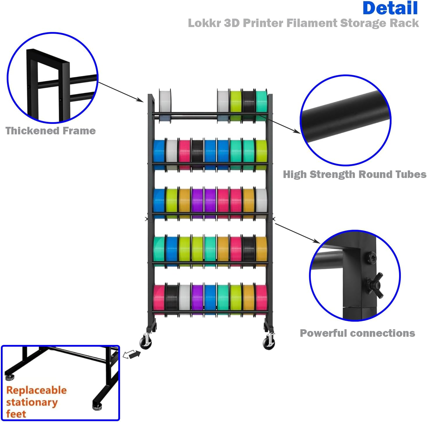 Lokkr 3D Printer Filament Storage Rack - 5 Tier Rolling 3D Printer Accessories with Wheels & Flat Feet, Heavy Duty Metal Shelf for PLA/ABS/TPU, Filaments Holder for 3D Printing Business/Studio image number 3