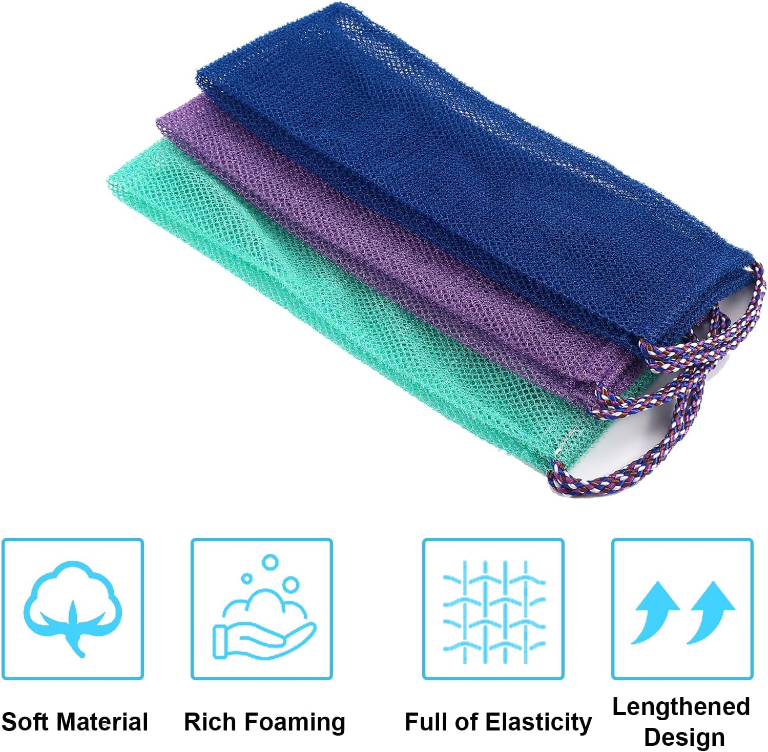 3 Pcs African Net Sponge African Exfoliating Net Long African Bath Sponge Washcloth Shower Net African Body Scrubber Net for Skin Smoother Daily Use(Purple+Blue+Lake Green) image number 1